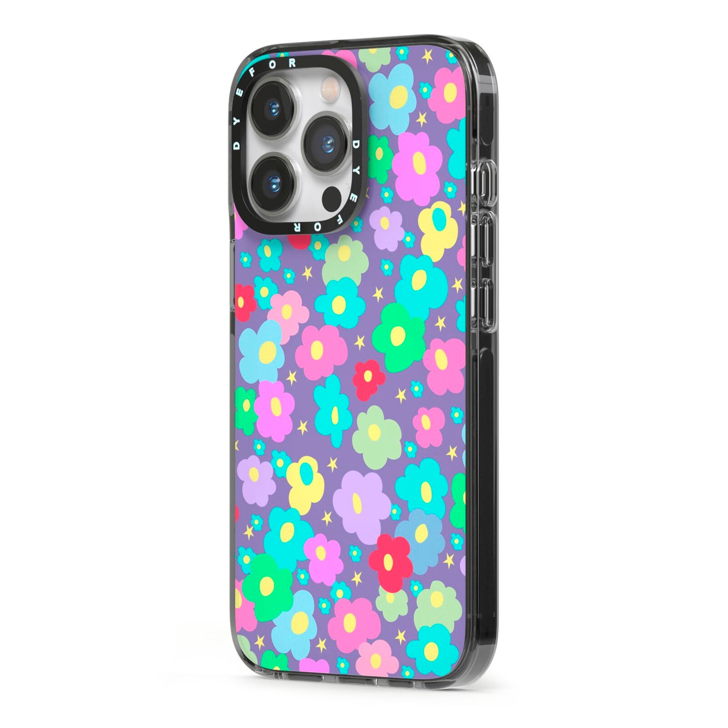 Colourful Flowers iPhone 13 Pro Black Impact Case Side Angle on Silver phone
