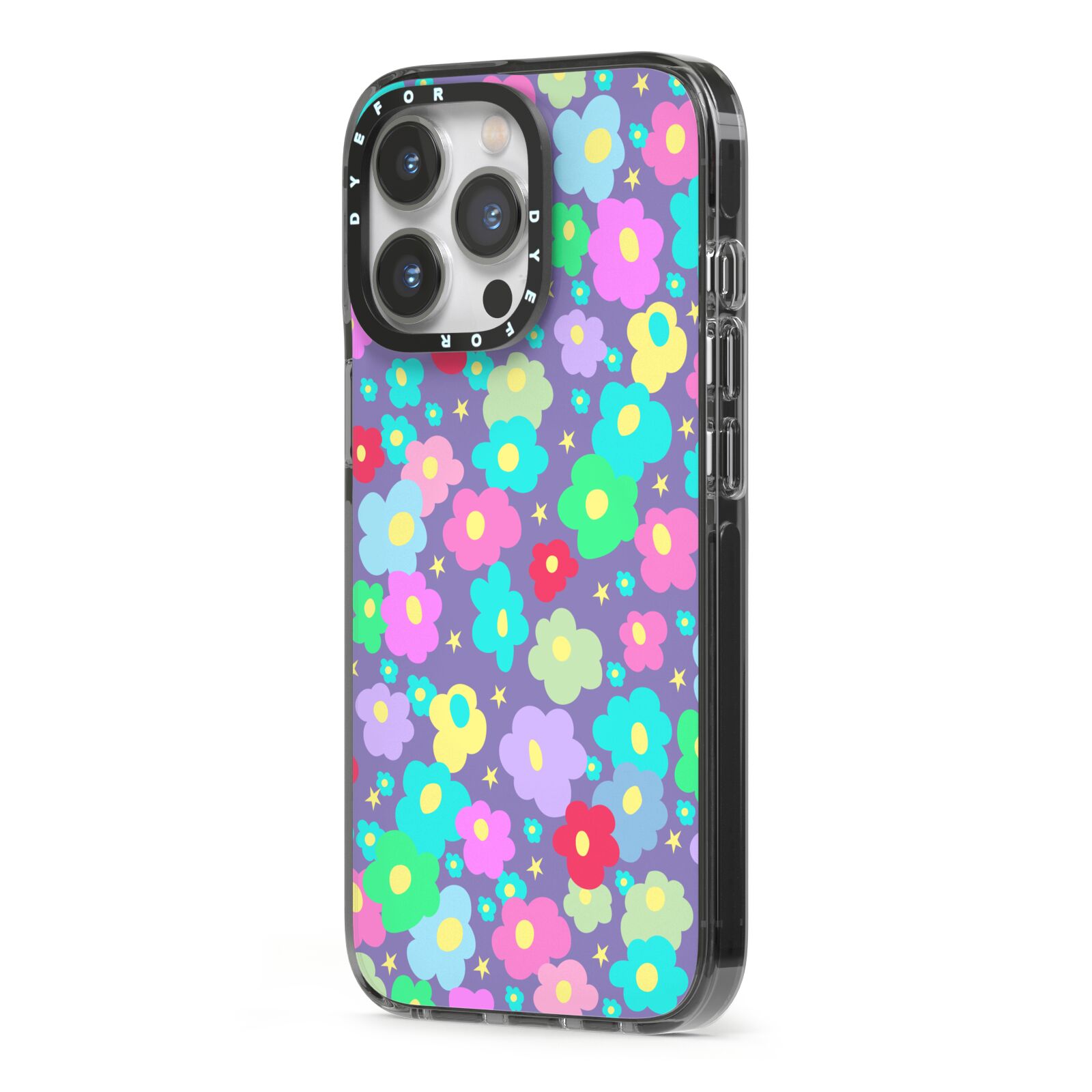 Colourful Flowers iPhone 13 Pro Black Impact Case Side Angle on Silver phone
