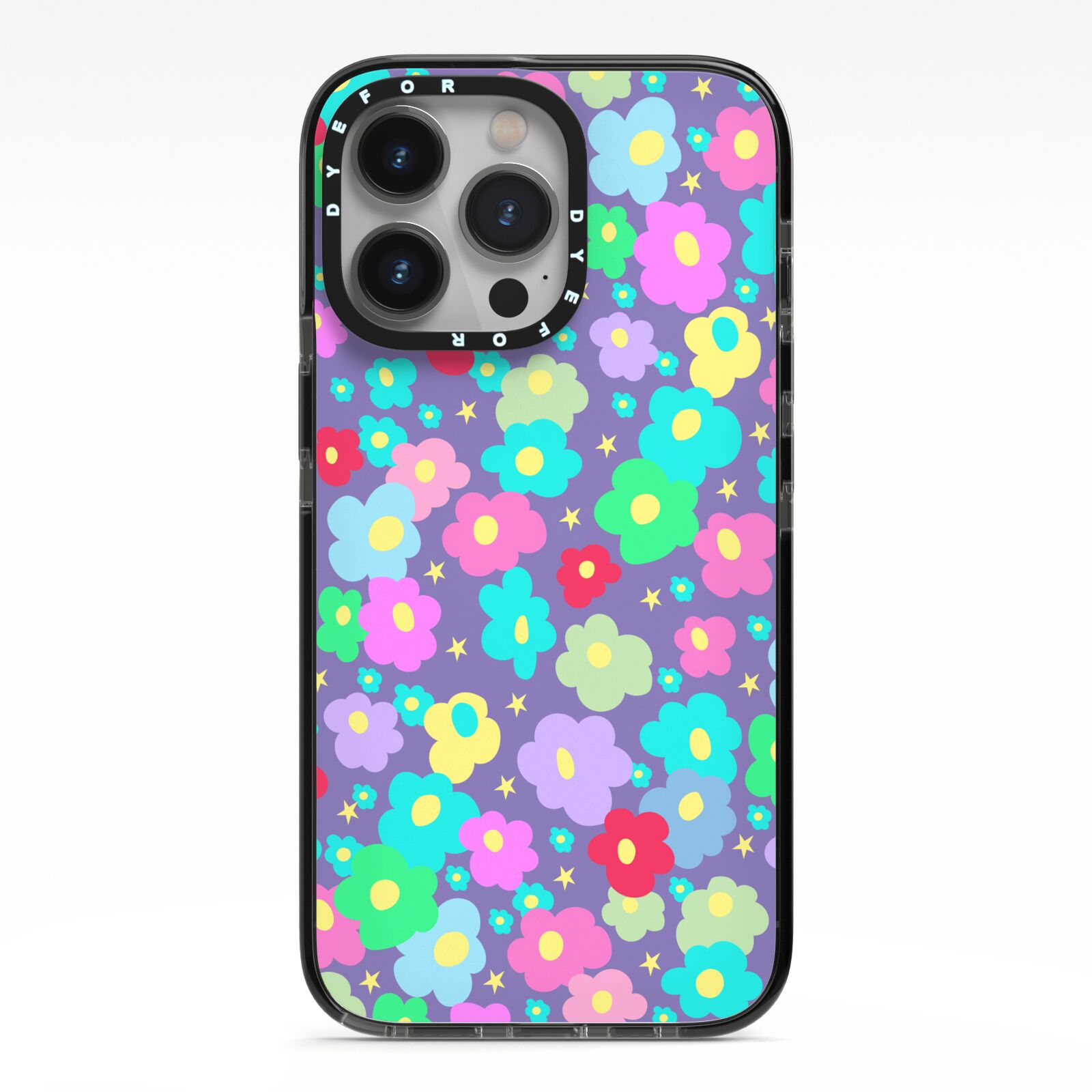 Colourful Flowers iPhone 13 Pro Black Impact Case on Silver phone