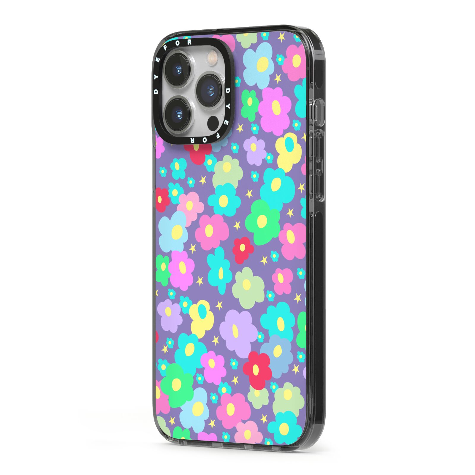 Colourful Flowers iPhone 13 Pro Max Black Impact Case Side Angle on Silver phone