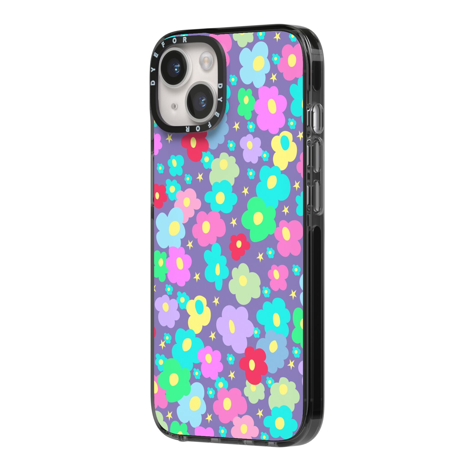 Colourful Flowers iPhone 14 Black Impact Case Side Angle on Silver phone