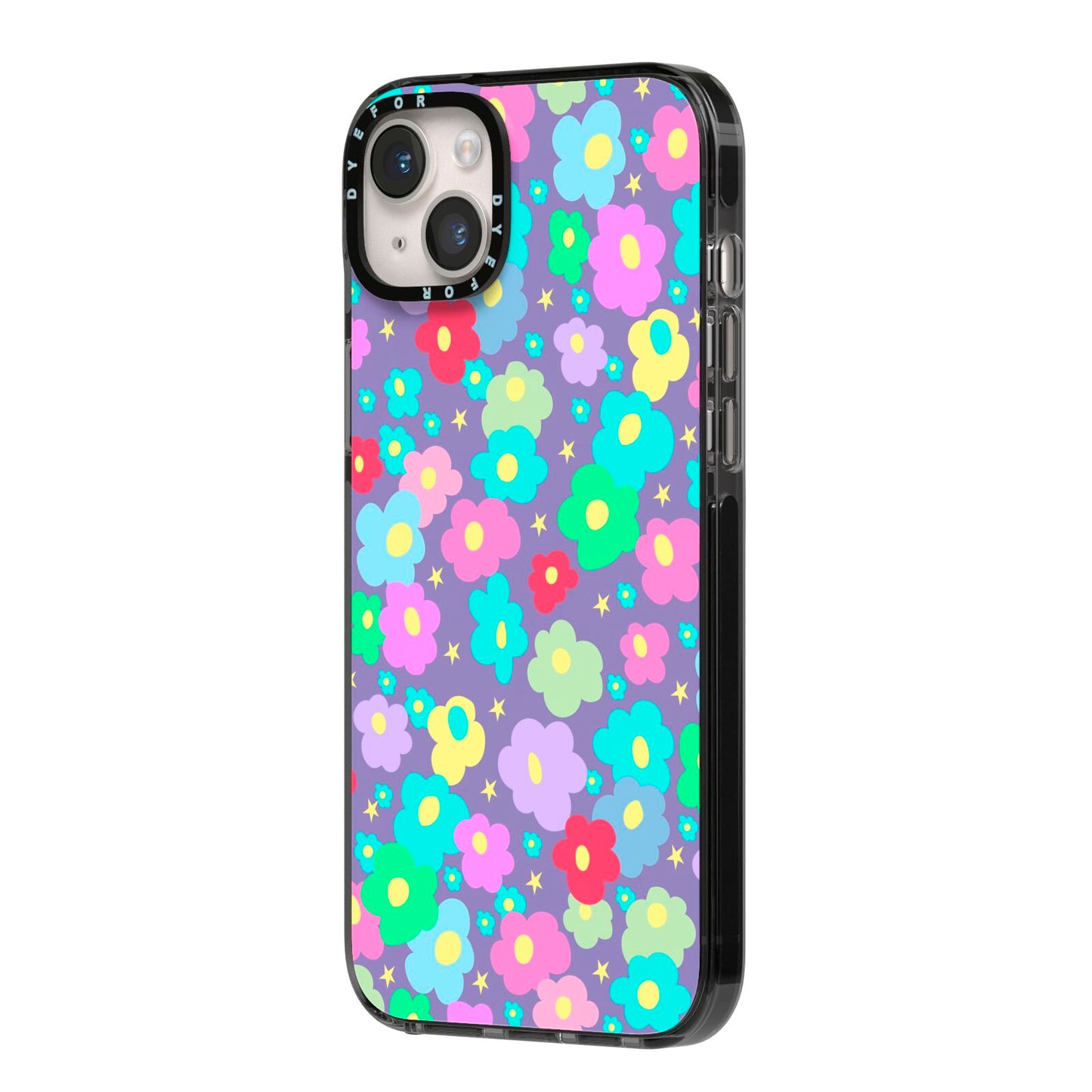 Colourful Flowers iPhone 14 Plus Black Impact Case Side Angle on Silver phone