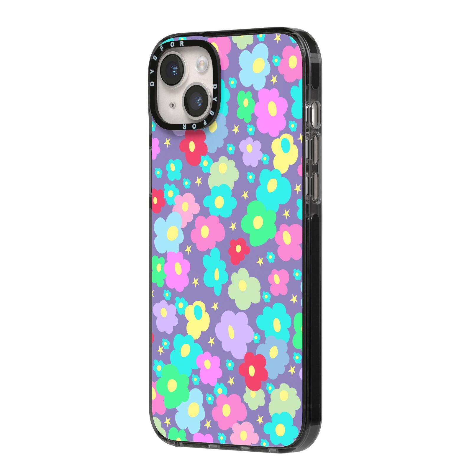 Colourful Flowers iPhone 14 Plus Black Impact Case Side Angle on Silver phone