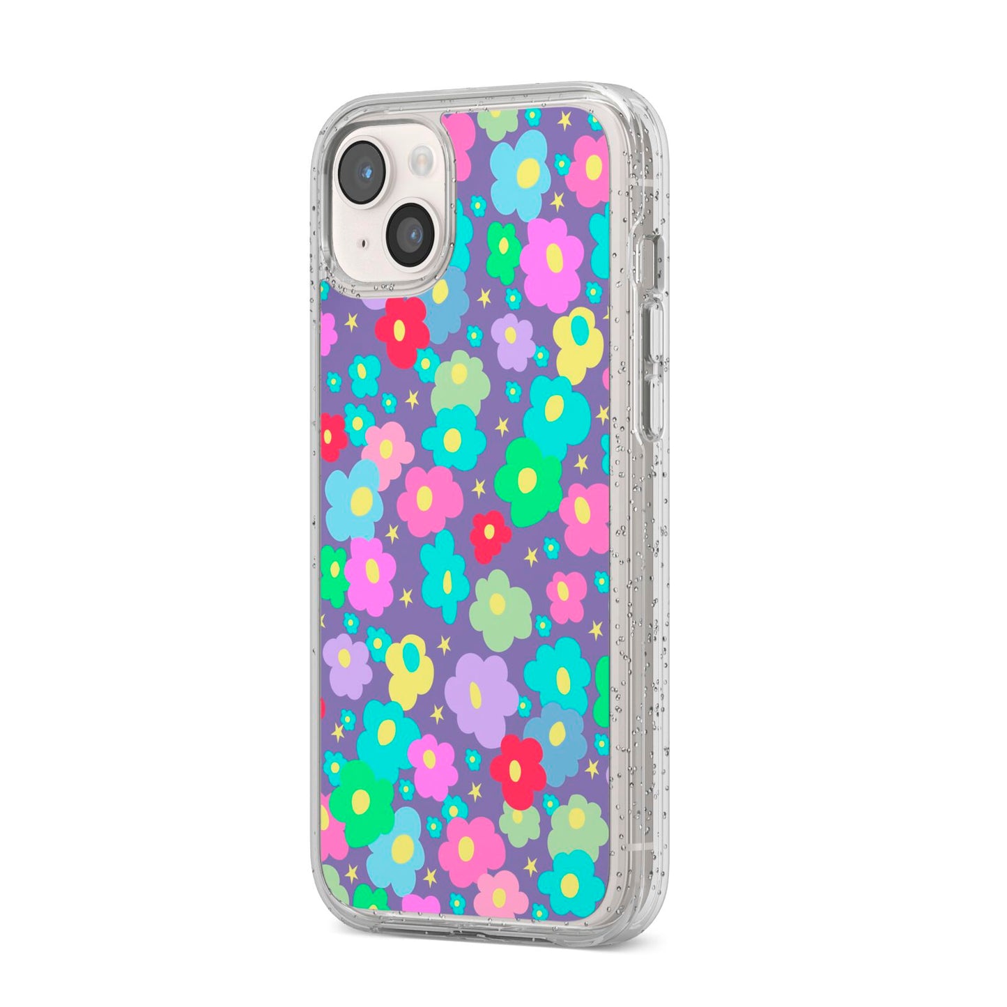 Colourful Flowers iPhone 14 Plus Glitter Tough Case Starlight Angled Image