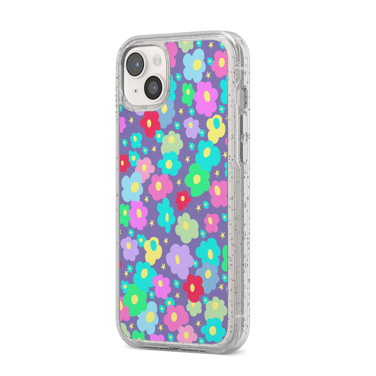 Colourful Flowers iPhone 14 Plus Glitter Tough Case Starlight Angled Image