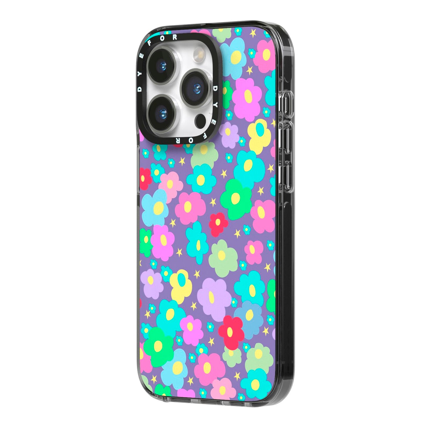 Colourful Flowers iPhone 14 Pro Black Impact Case Side Angle on Silver phone