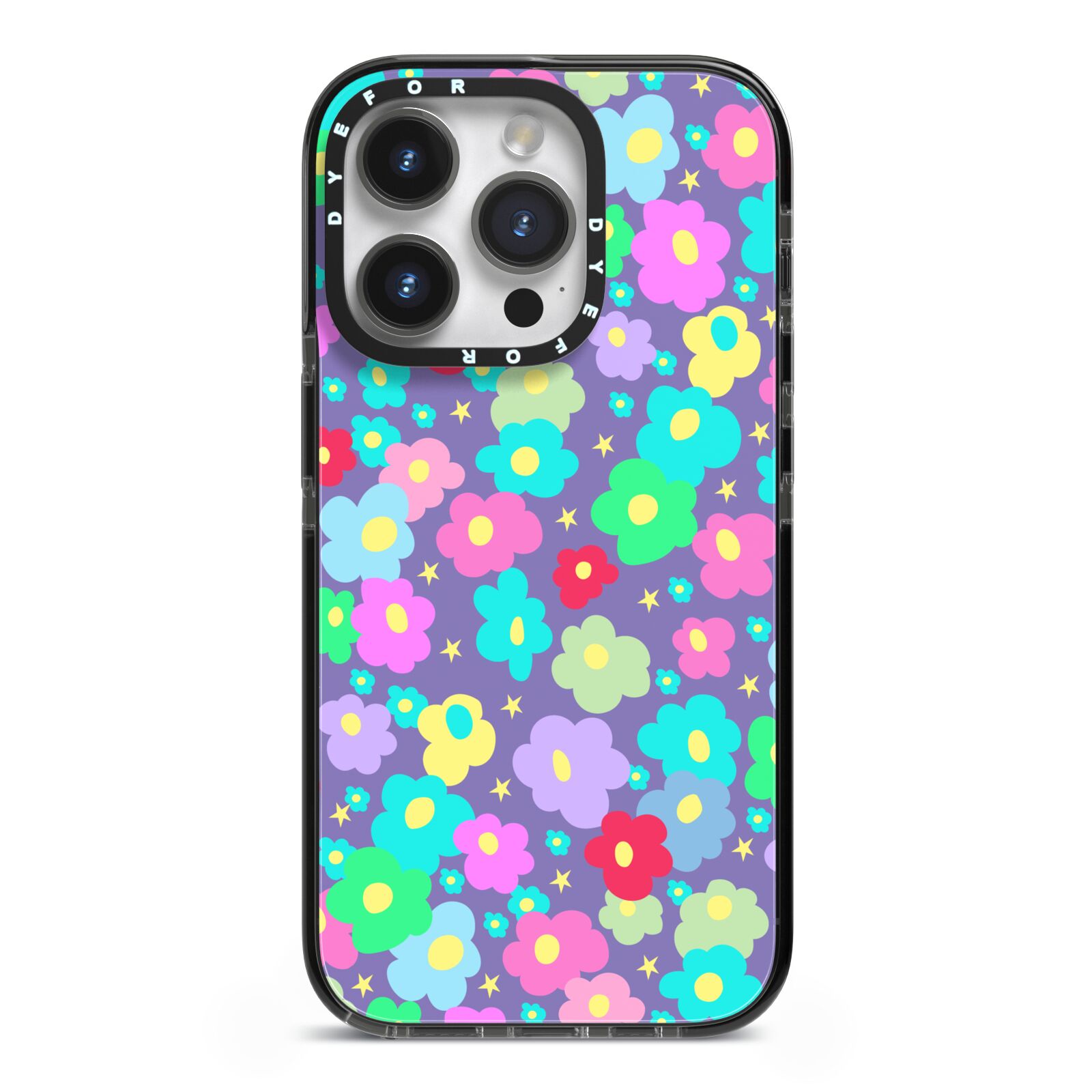 Colourful Flowers iPhone 14 Pro Black Impact Case on Silver phone