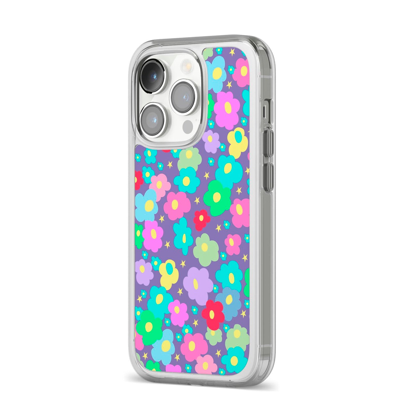 Colourful Flowers iPhone 14 Pro Clear Tough Case Silver Angled Image