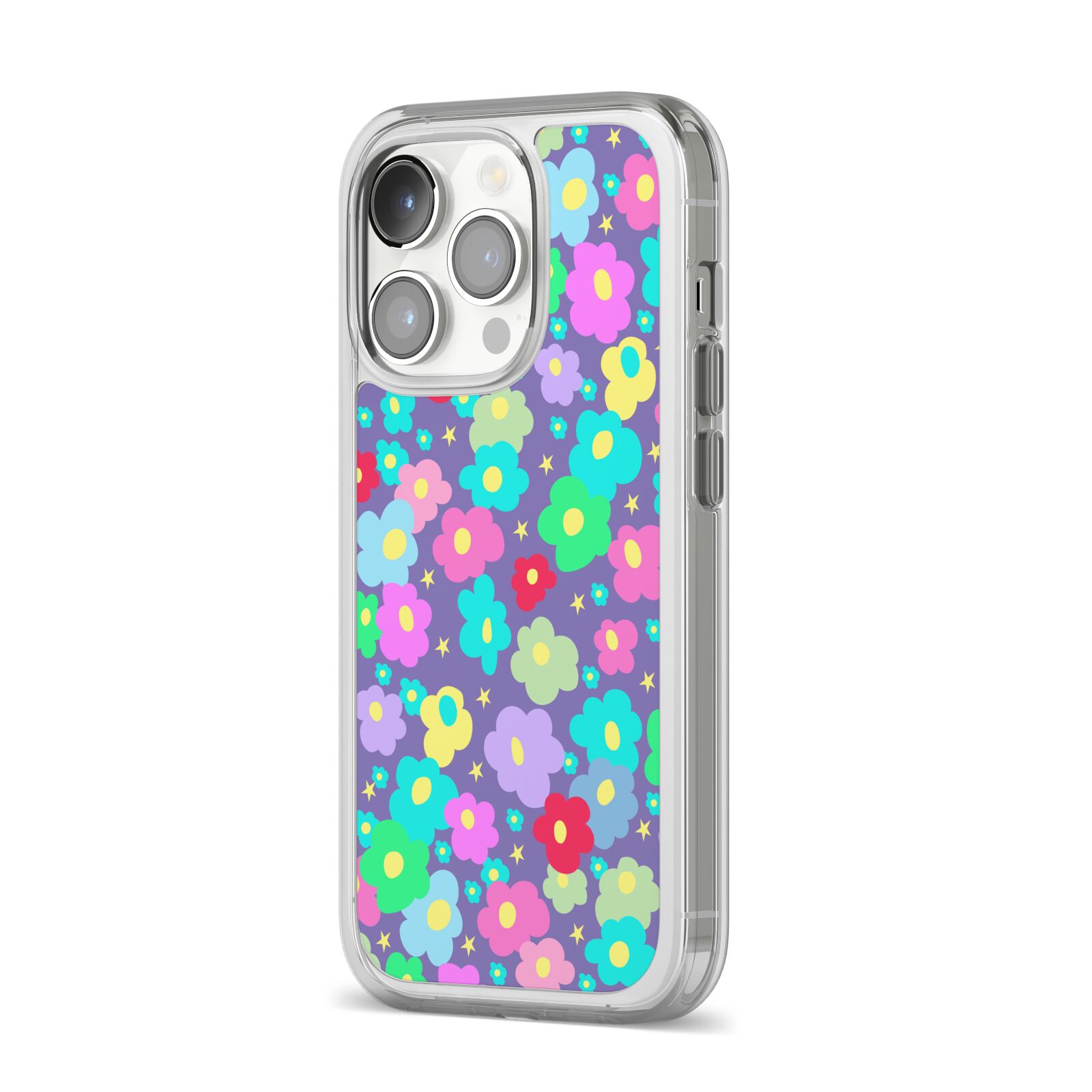 Colourful Flowers iPhone 14 Pro Clear Tough Case Silver Angled Image
