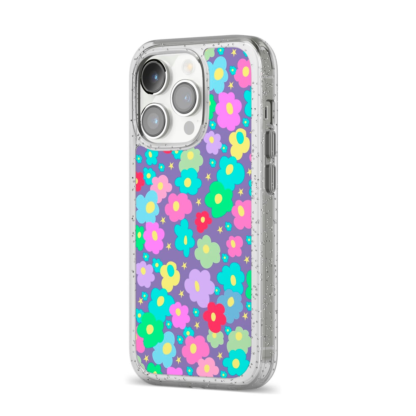 Colourful Flowers iPhone 14 Pro Glitter Tough Case Silver Angled Image