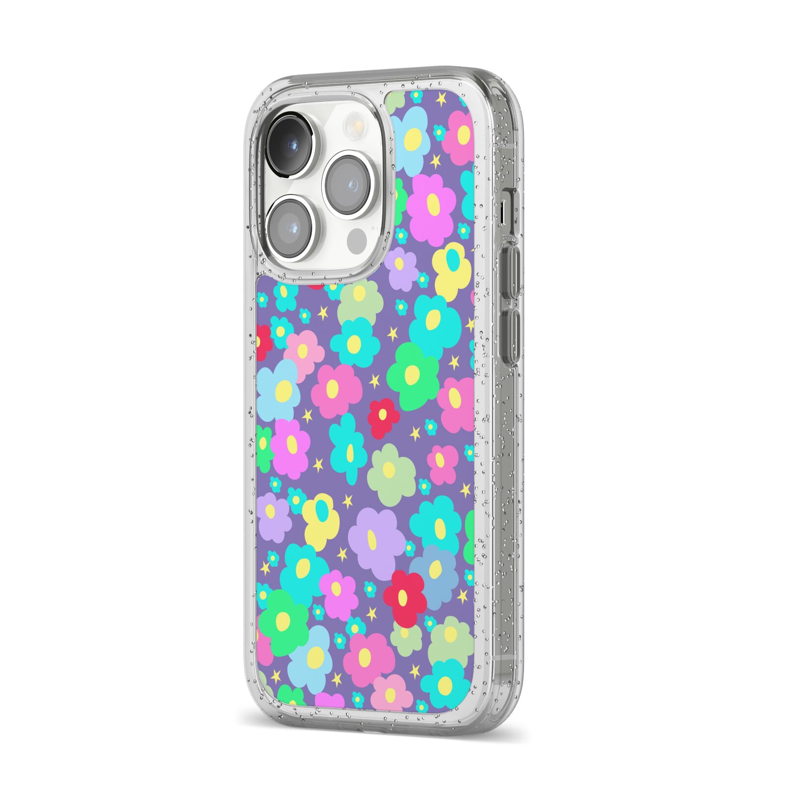 Colourful Flowers iPhone 14 Pro Glitter Tough Case Silver Angled Image