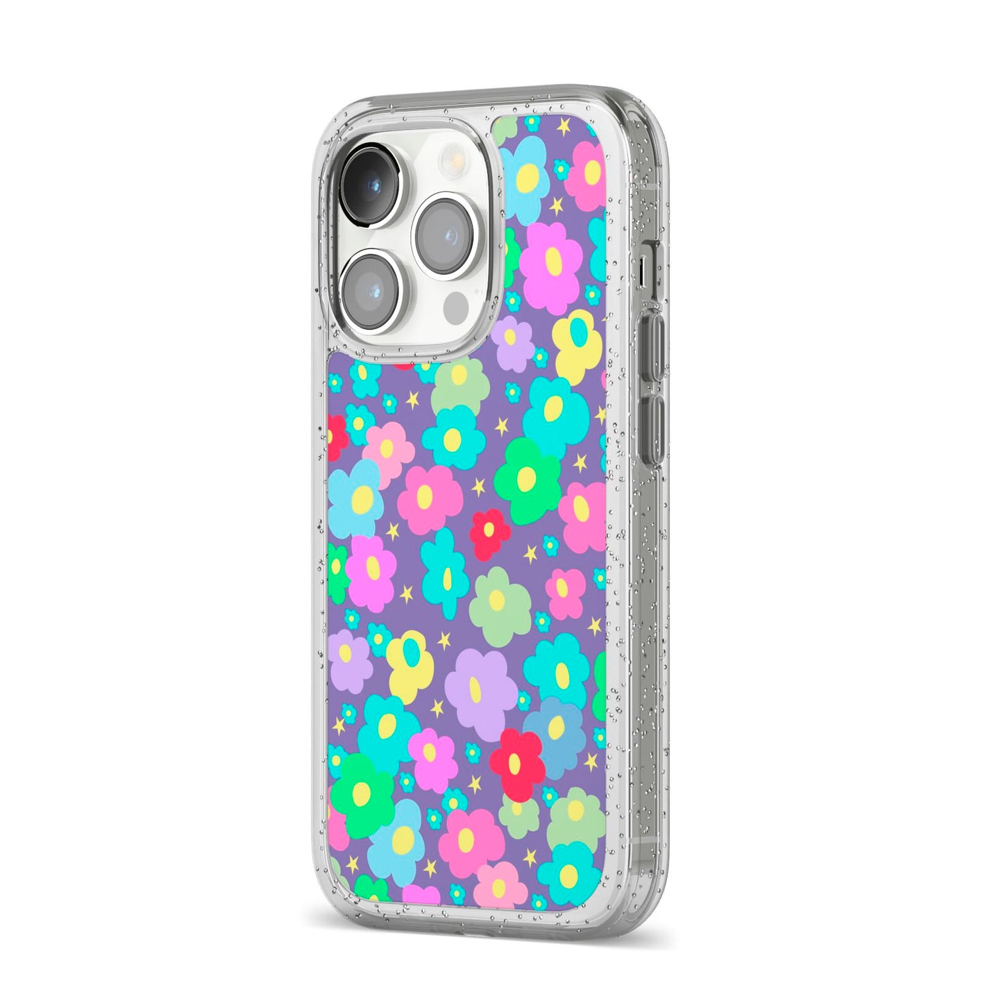 Colourful Flowers iPhone 14 Pro Glitter Tough Case Silver Angled Image