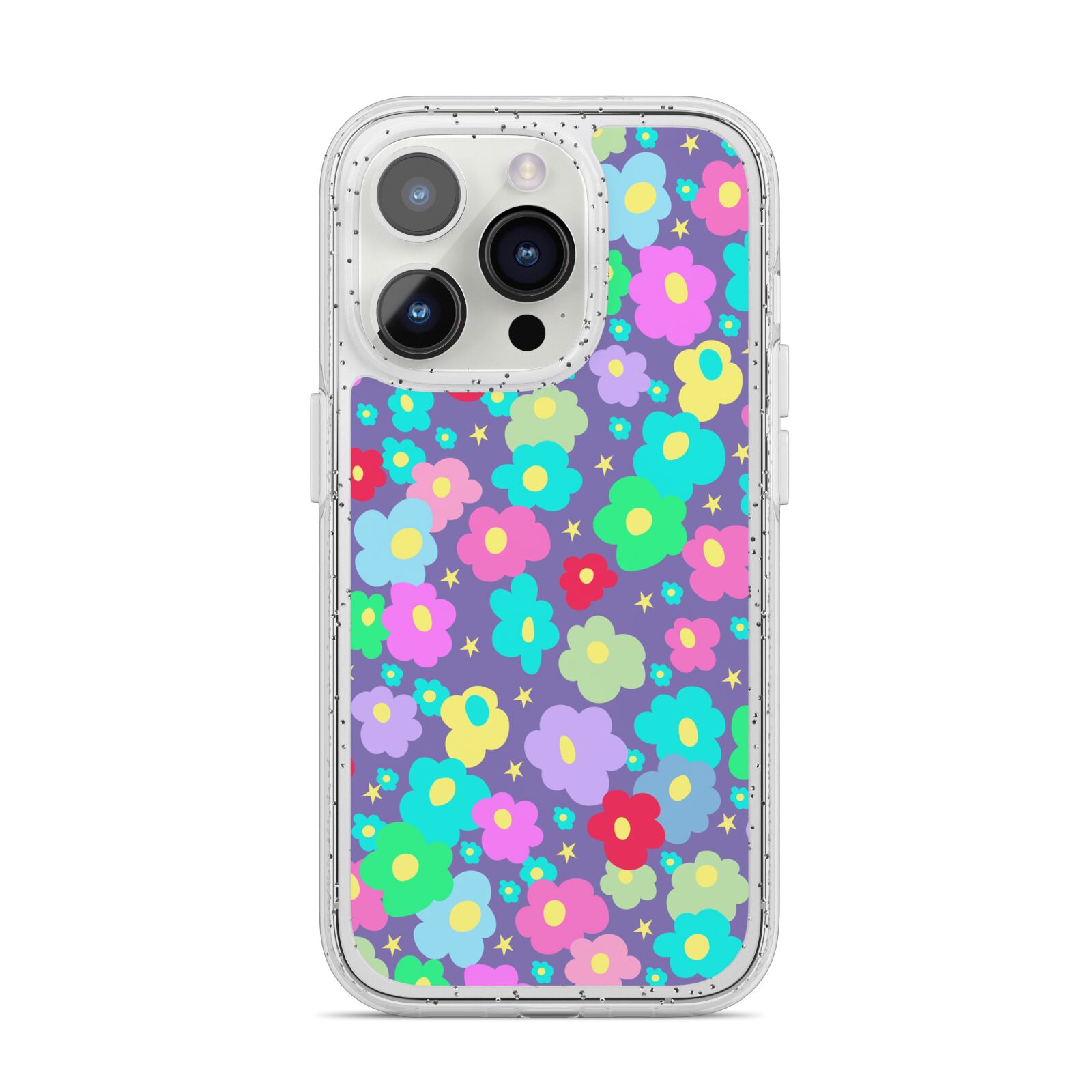 Colourful Flowers iPhone 14 Pro Glitter Tough Case Silver