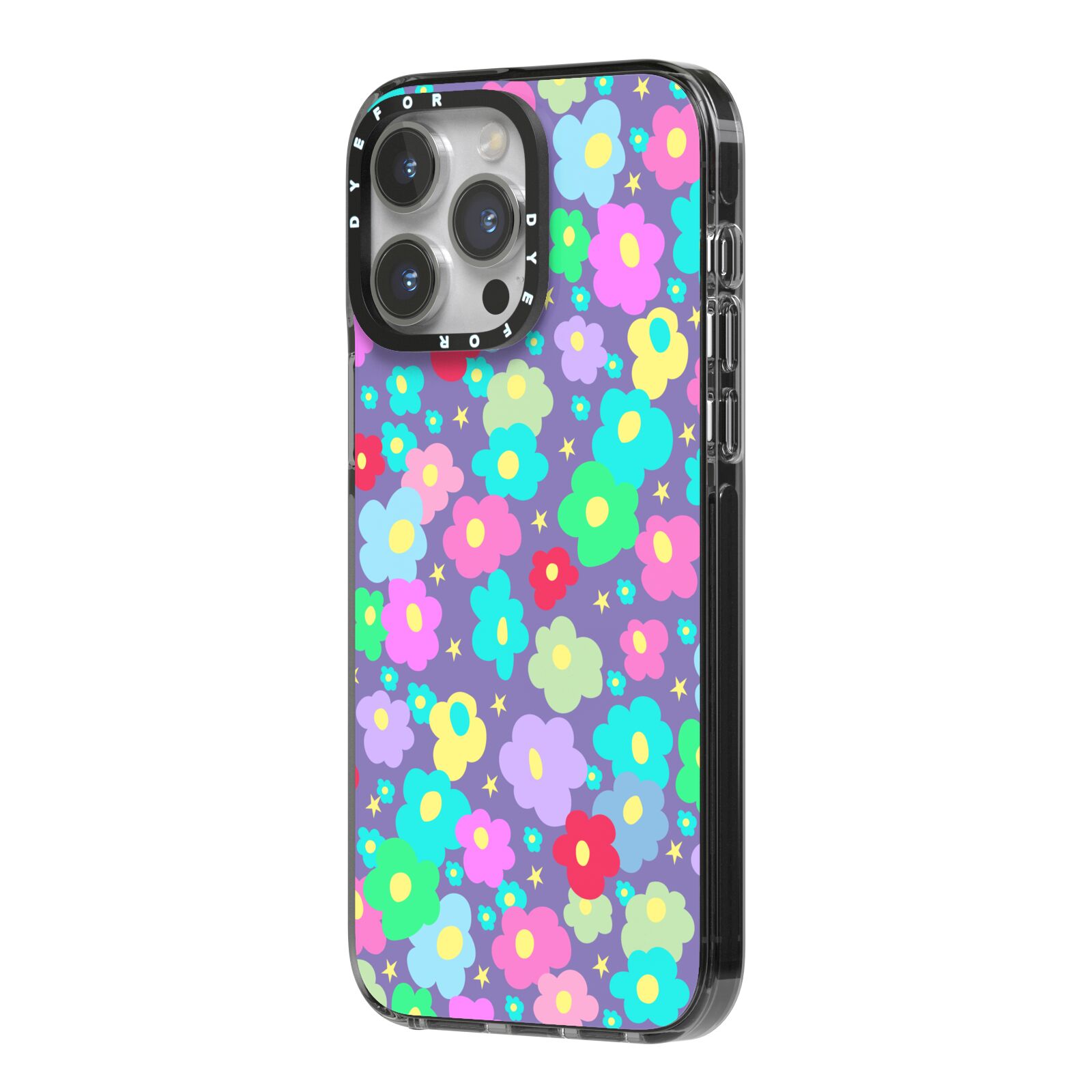 Colourful Flowers iPhone 14 Pro Max Black Impact Case Side Angle on Silver phone