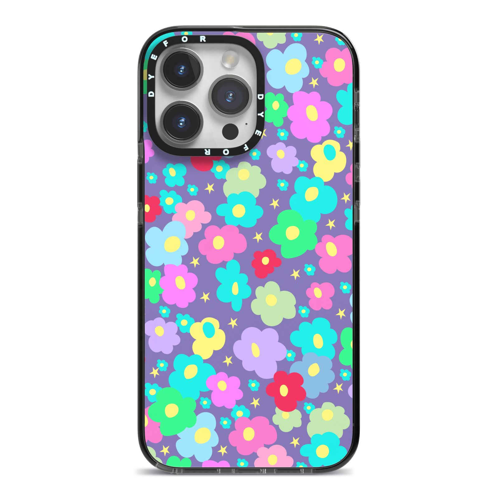 Colourful Flowers iPhone 14 Pro Max Black Impact Case on Silver phone
