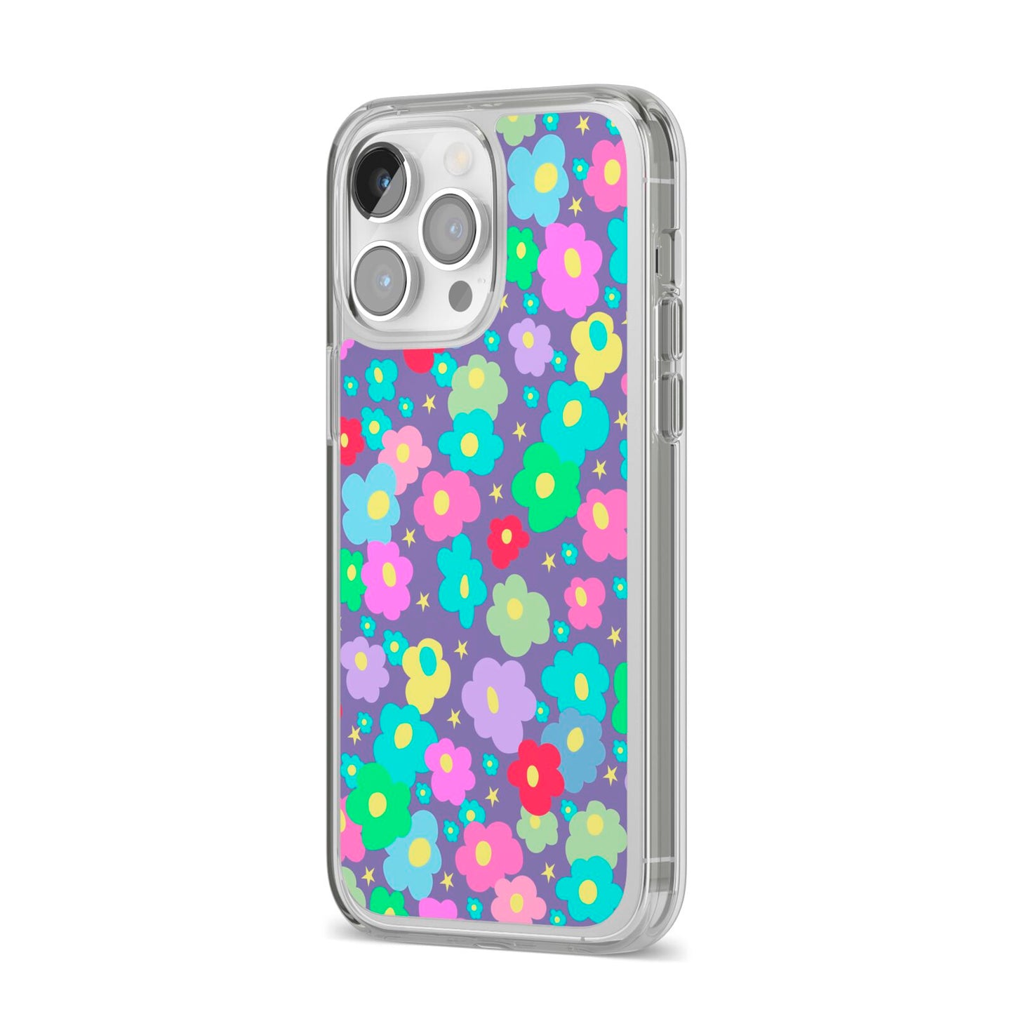 Colourful Flowers iPhone 14 Pro Max Clear Tough Case Silver Angled Image