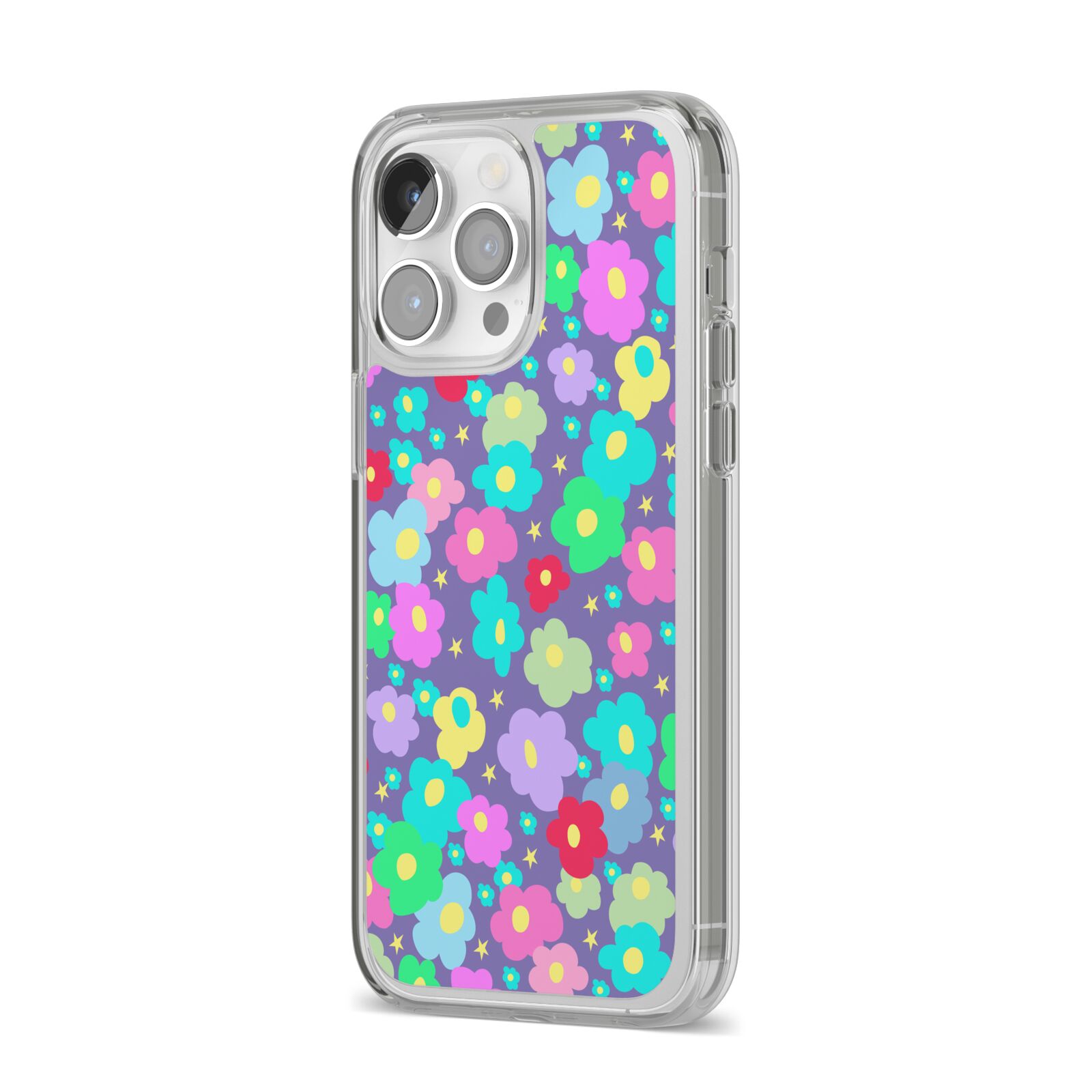 Colourful Flowers iPhone 14 Pro Max Clear Tough Case Silver Angled Image