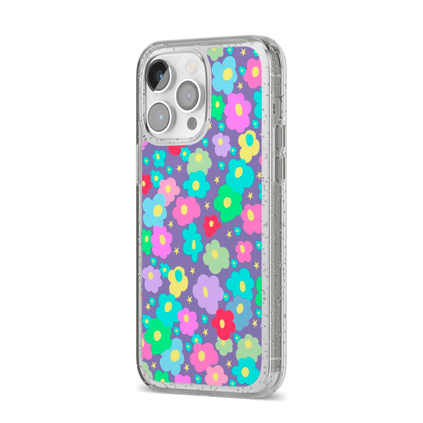 Colourful Flowers iPhone 14 Pro Max Glitter Tough Case Silver Angled Image