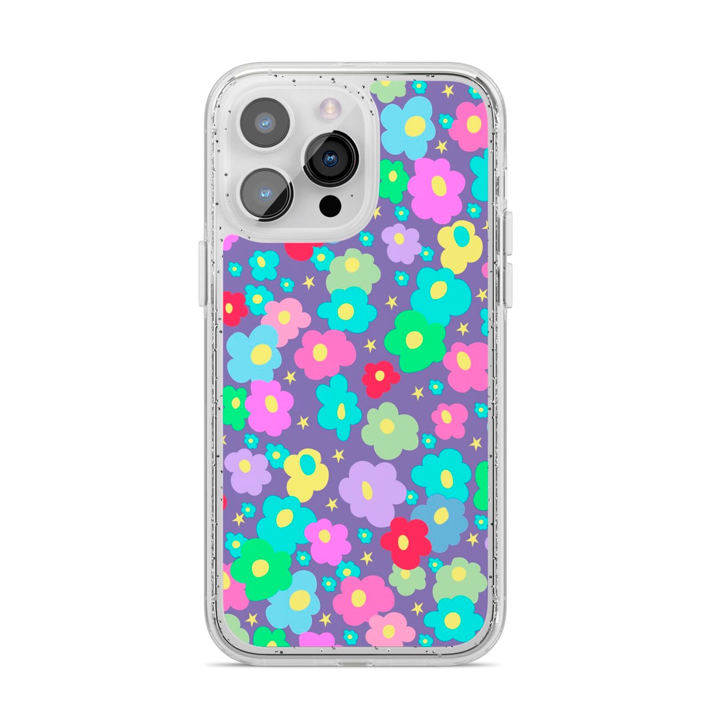 Colourful Flowers iPhone 14 Pro Max Glitter Tough Case Silver