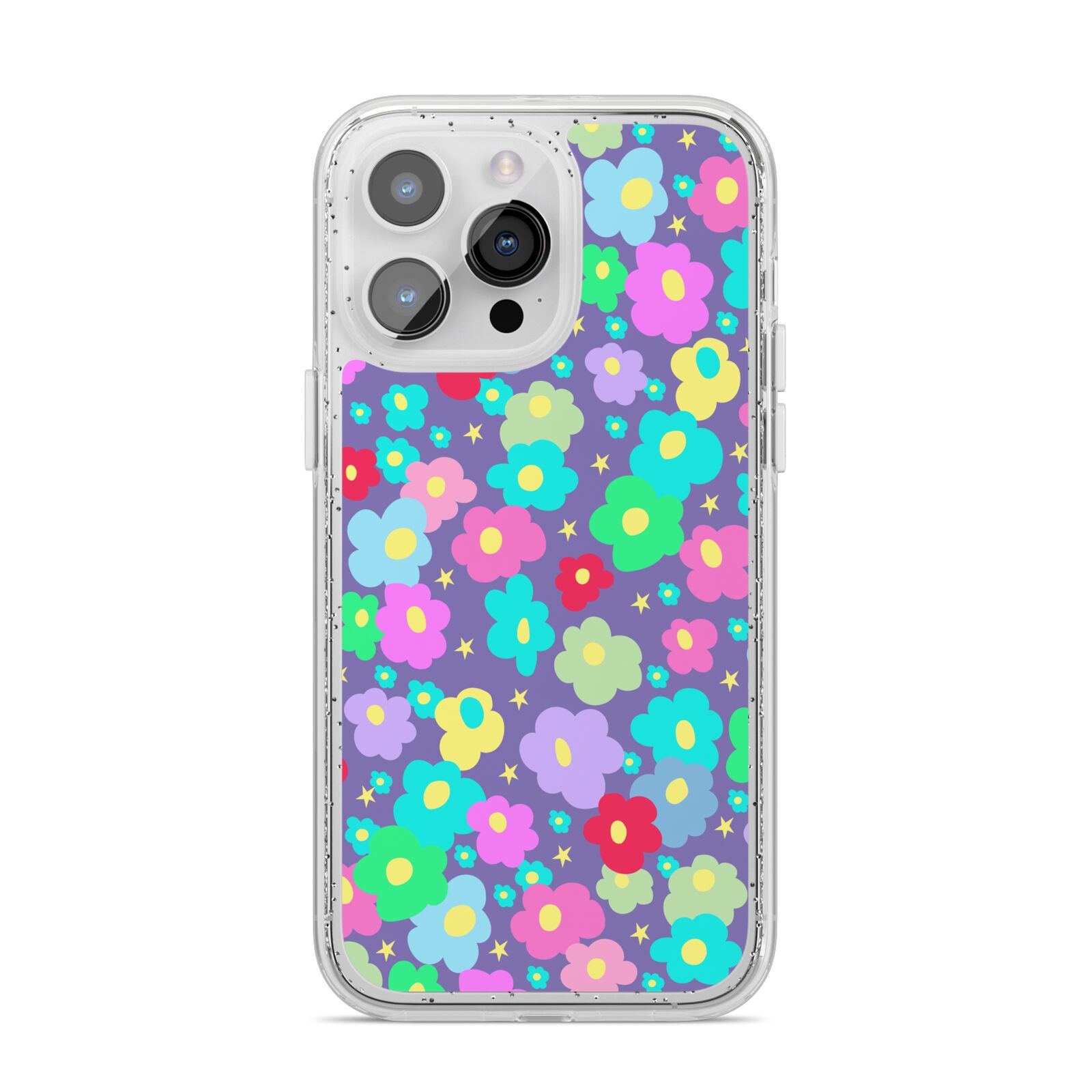 Colourful Flowers iPhone 14 Pro Max Glitter Tough Case Silver