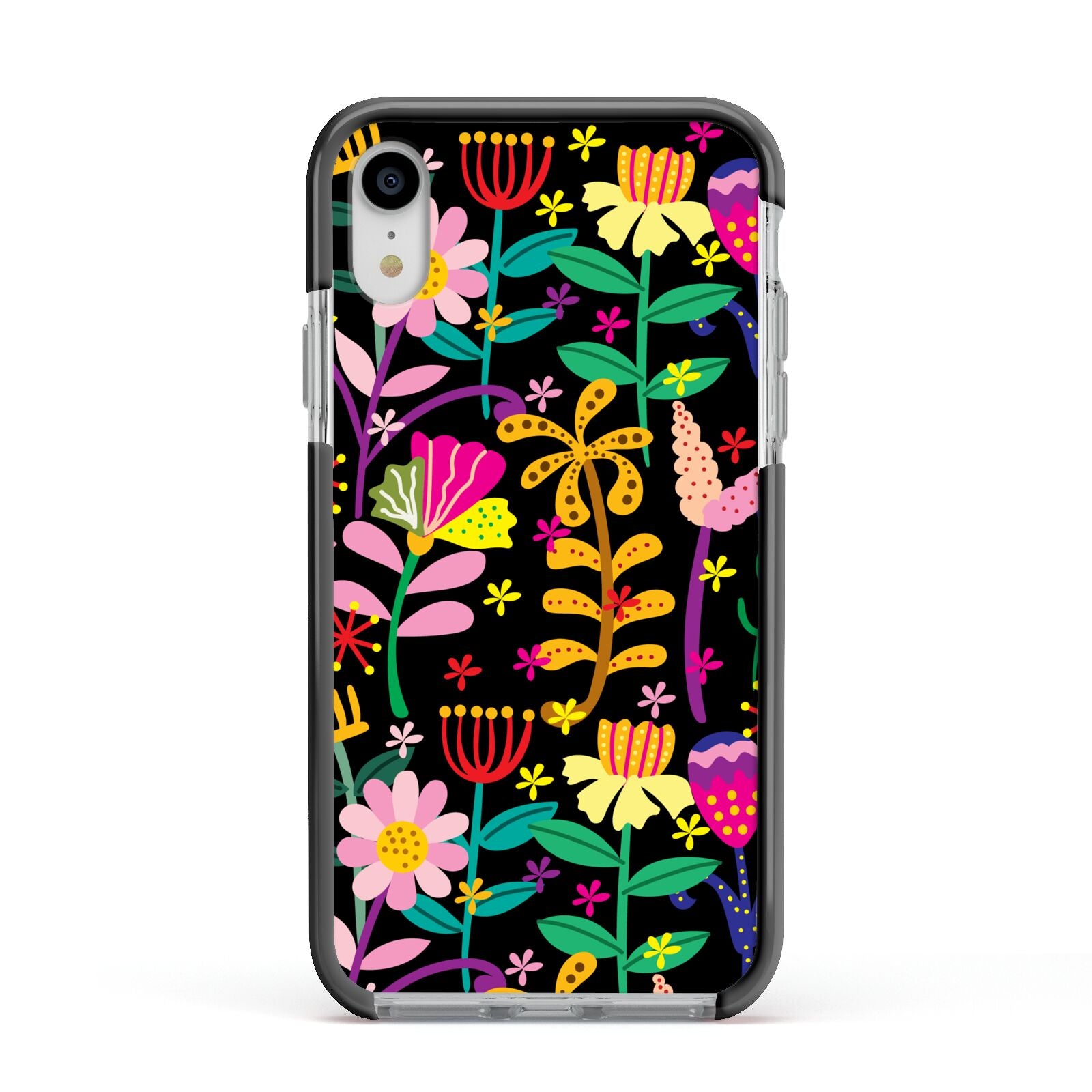 Colourful Flowery Apple iPhone XR Impact Case Black Edge on Silver Phone