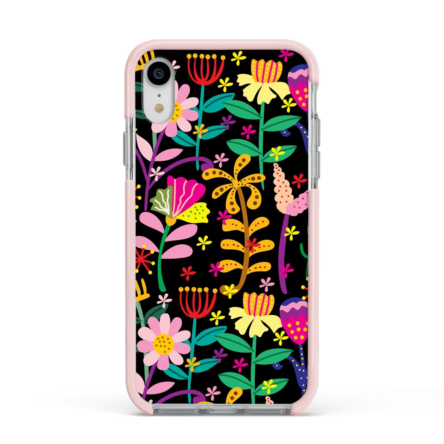 Colourful Flowery Apple iPhone XR Impact Case Pink Edge on Silver Phone