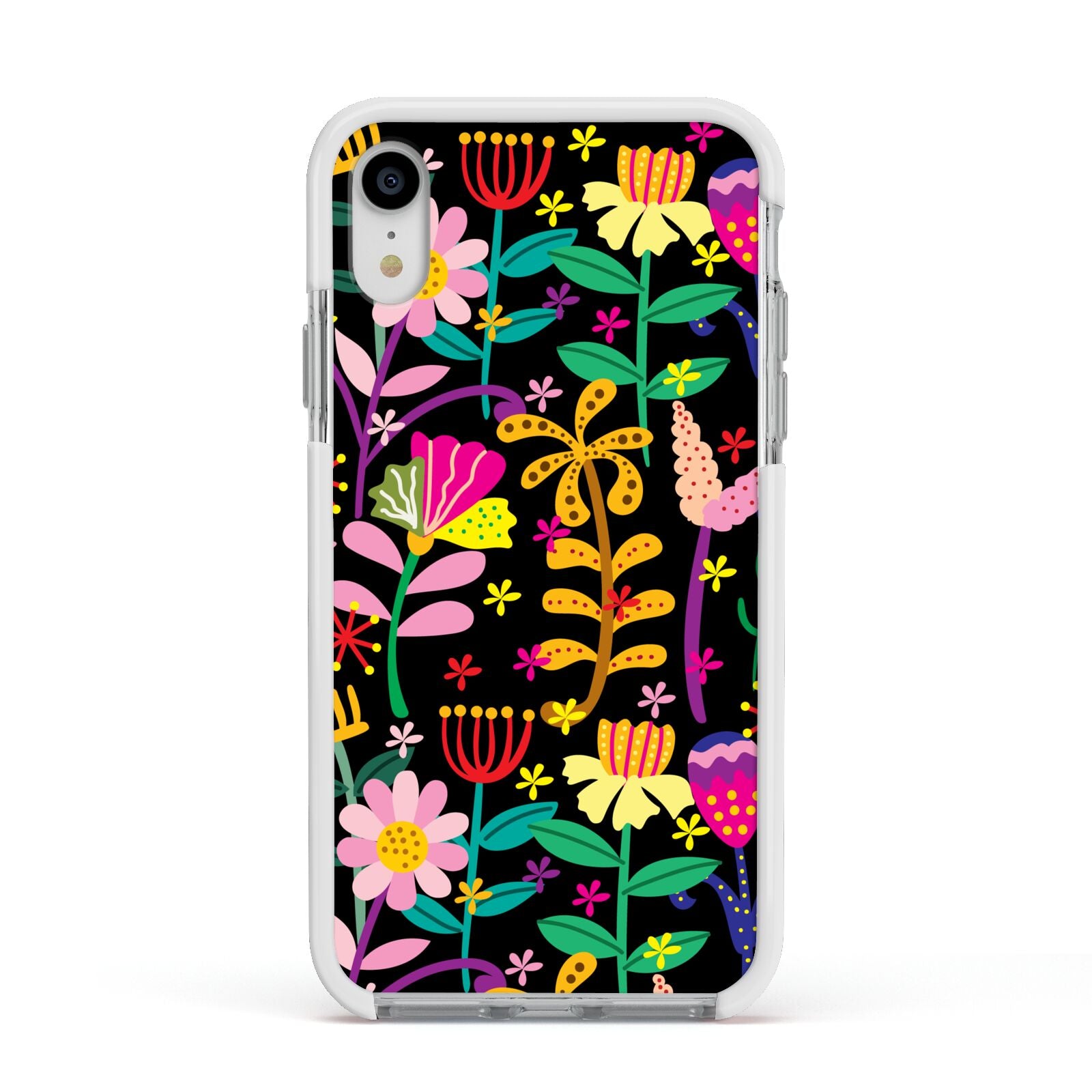 Colourful Flowery Apple iPhone XR Impact Case White Edge on Silver Phone