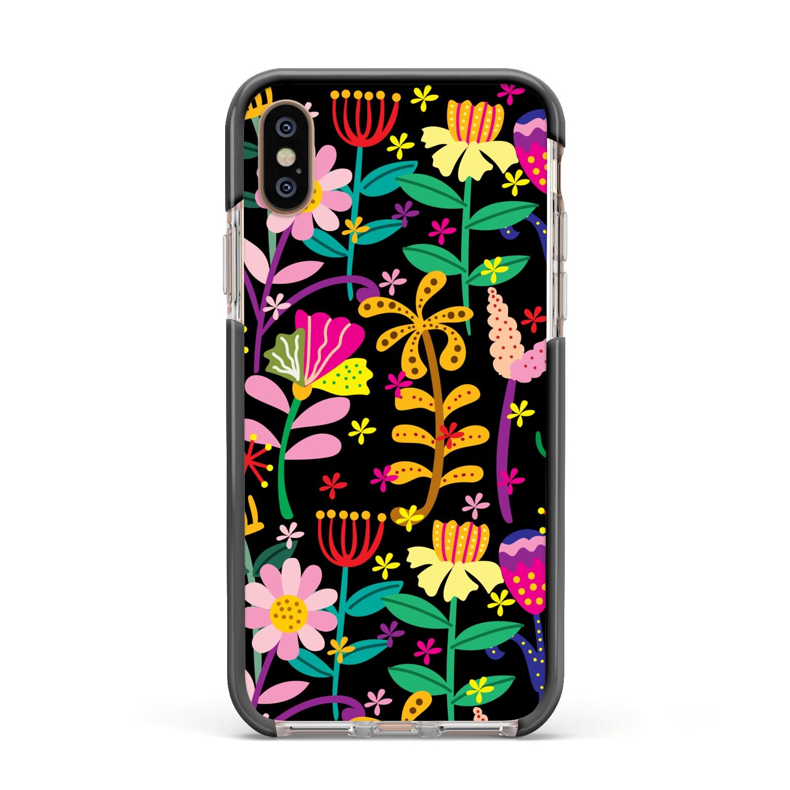 Colourful Flowery Apple iPhone Xs Impact Case Black Edge on Gold Phone