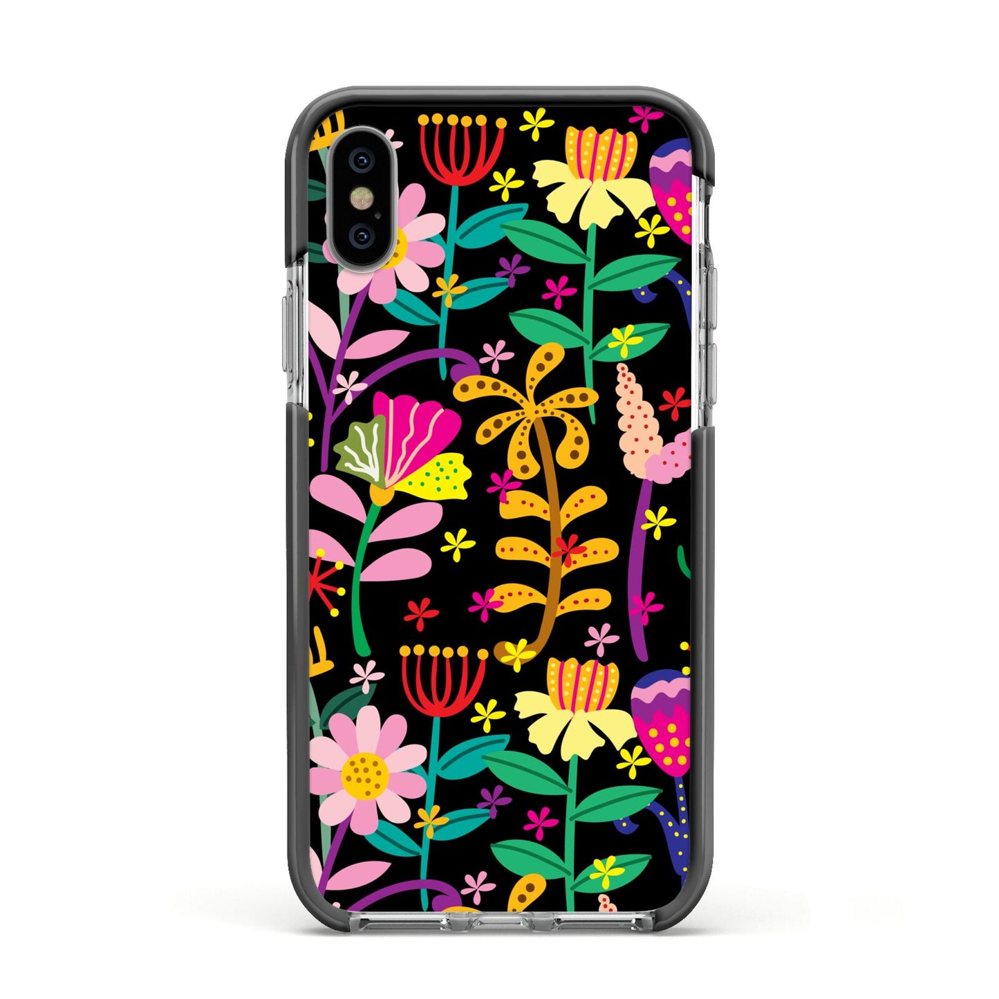 Colourful Flowery Apple iPhone Xs Impact Case Black Edge on Silver Phone