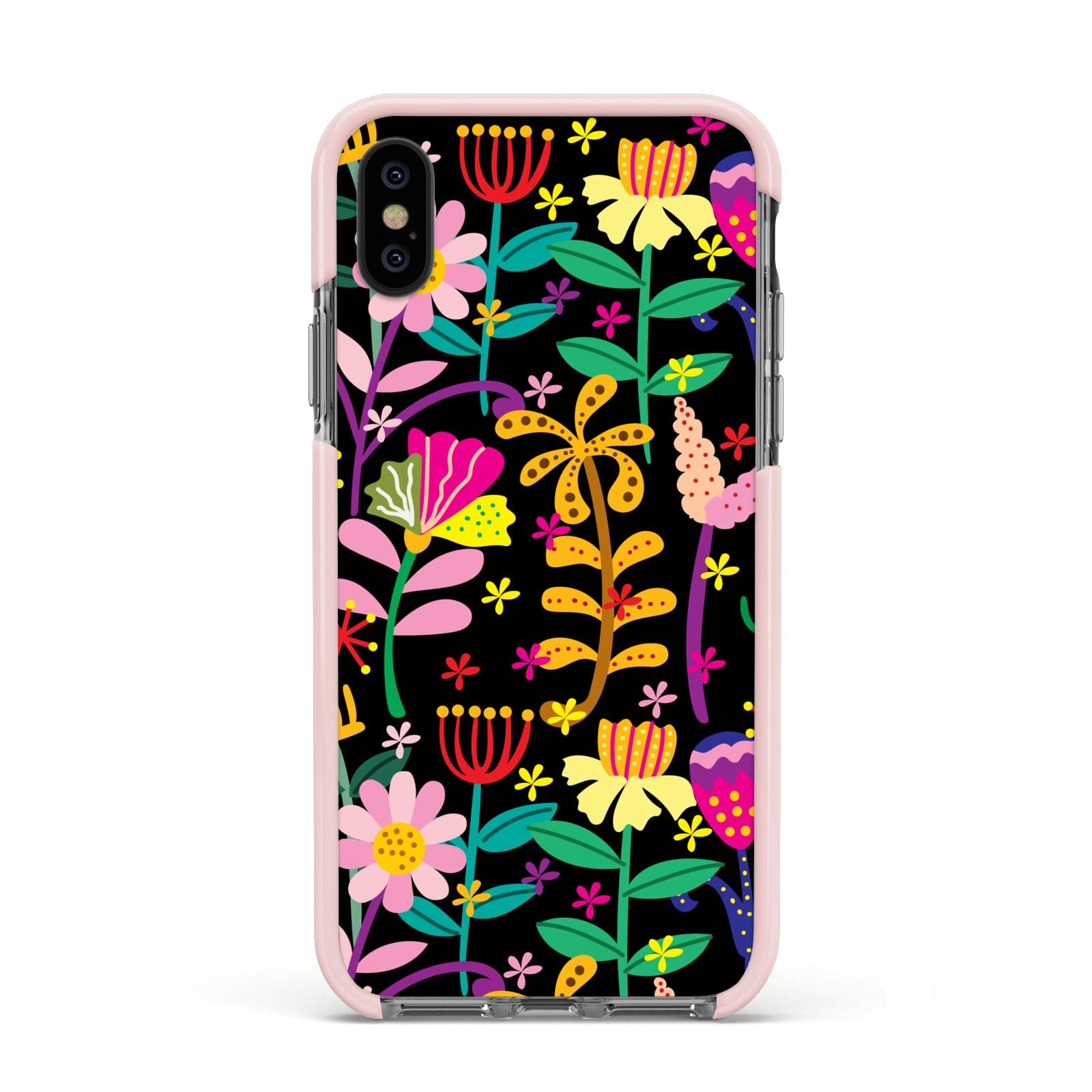 Colourful Flowery Apple iPhone Xs Impact Case Pink Edge on Black Phone