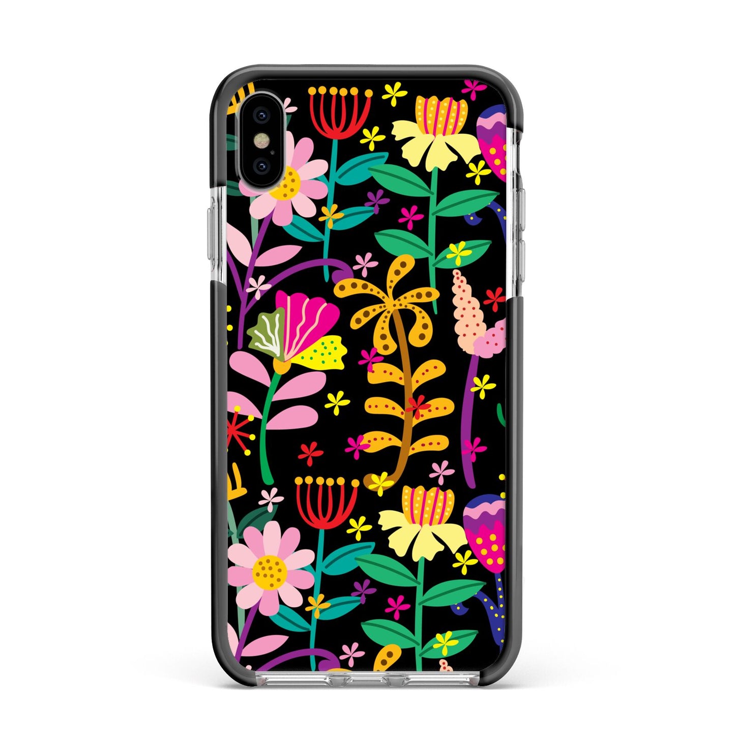 Colourful Flowery Apple iPhone Xs Max Impact Case Black Edge on Silver Phone
