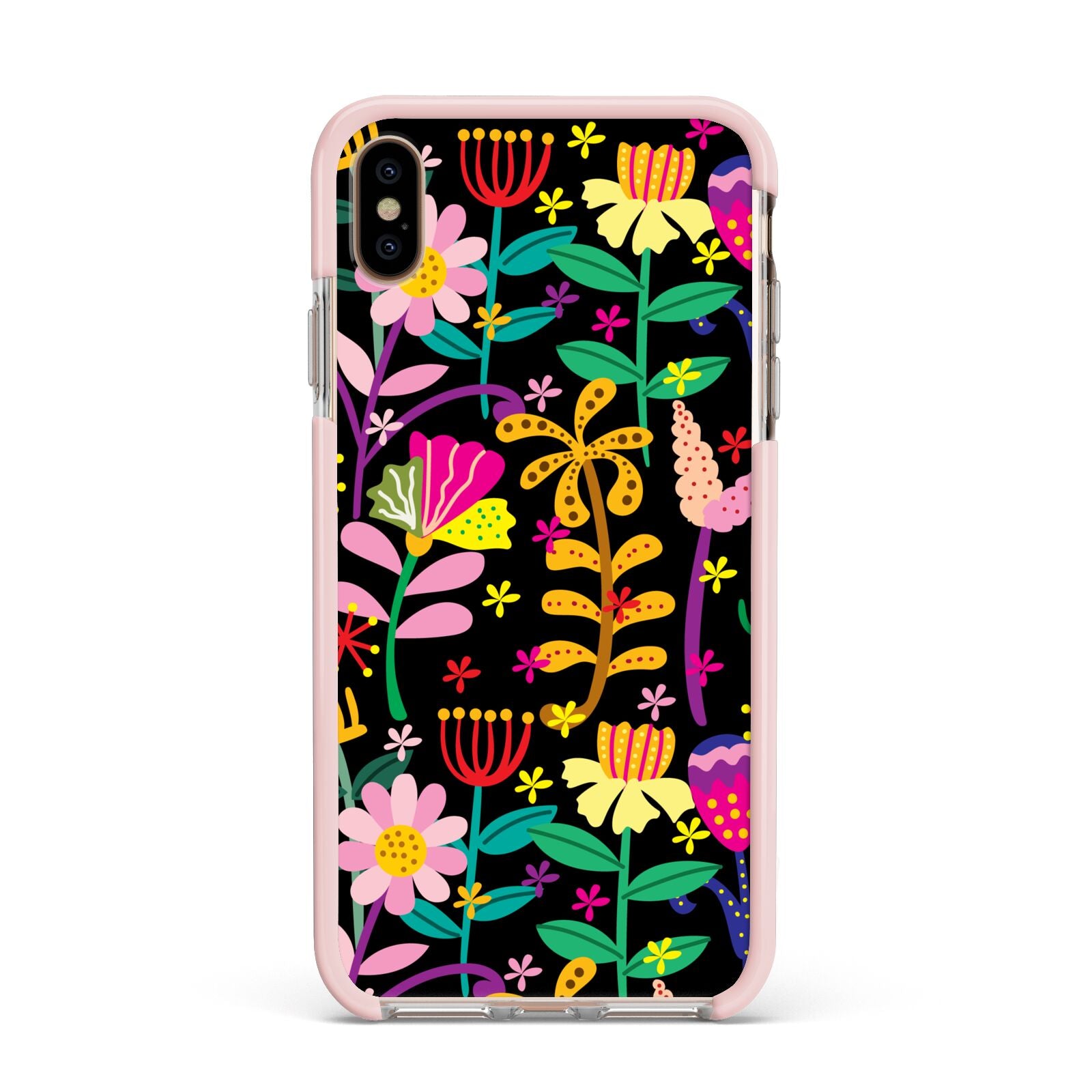 Colourful Flowery Apple iPhone Xs Max Impact Case Pink Edge on Gold Phone