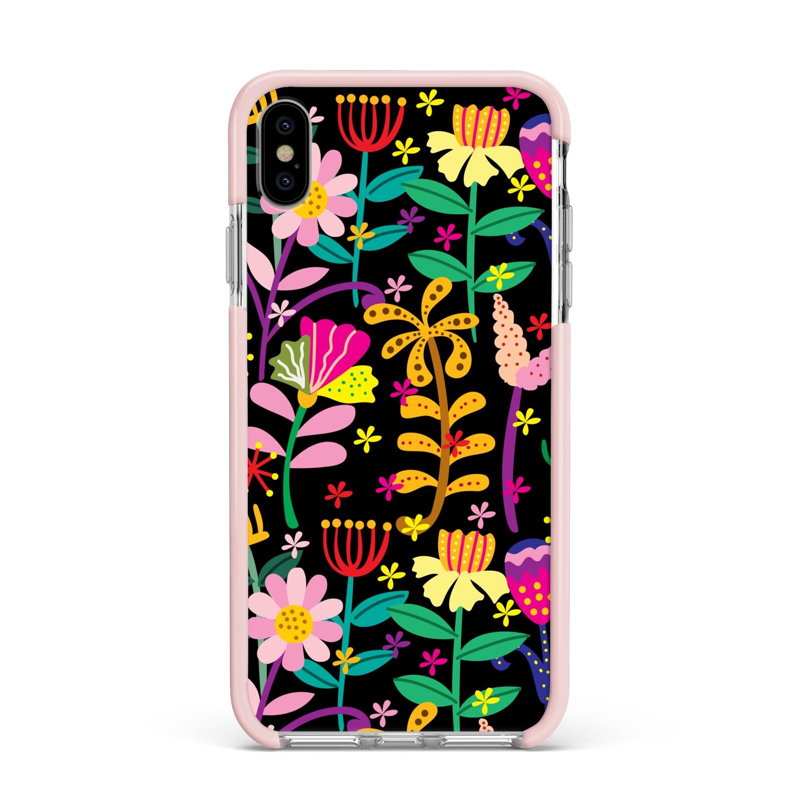 Colourful Flowery Apple iPhone Xs Max Impact Case Pink Edge on Silver Phone