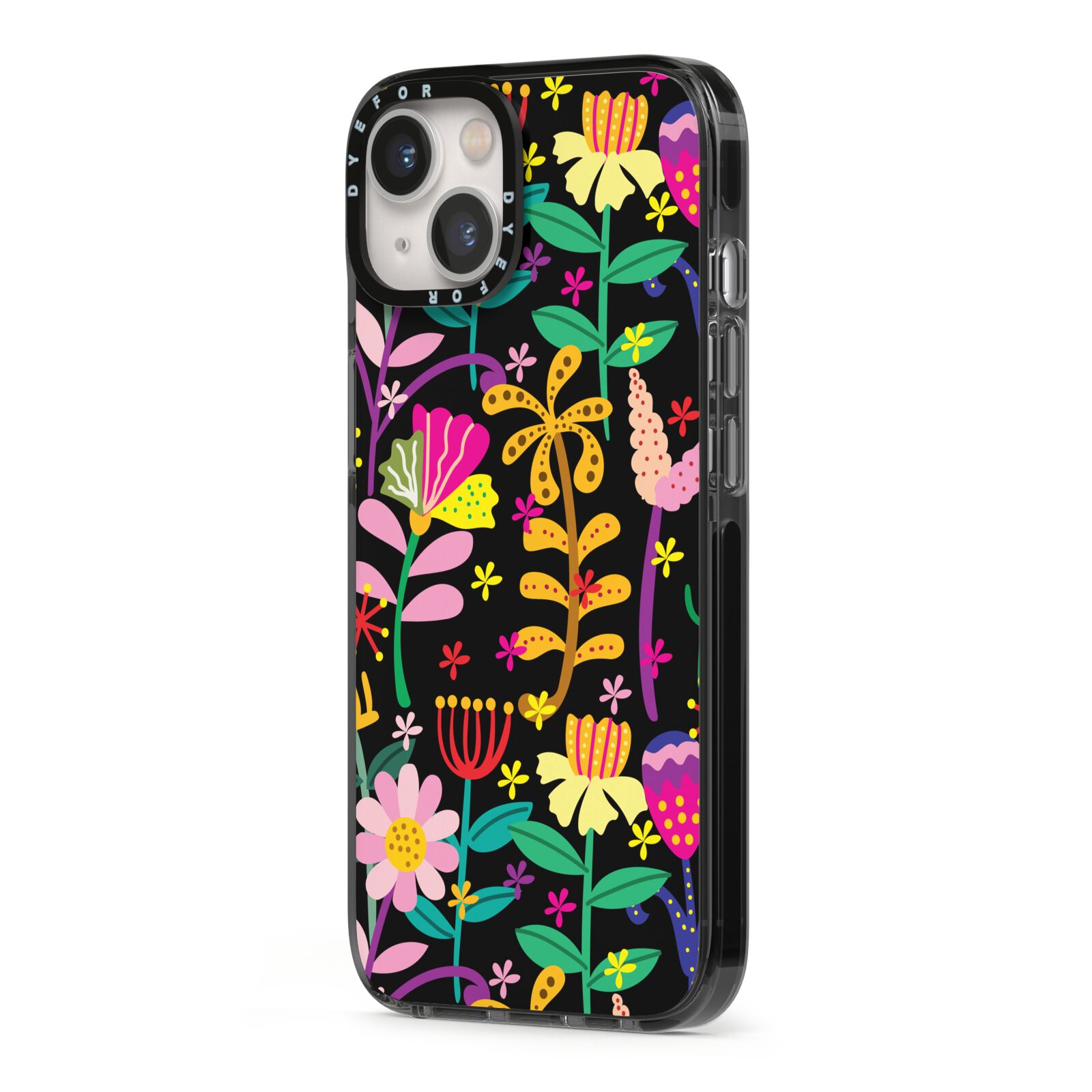 Colourful Flowery iPhone 13 Black Impact Case Side Angle on Silver phone