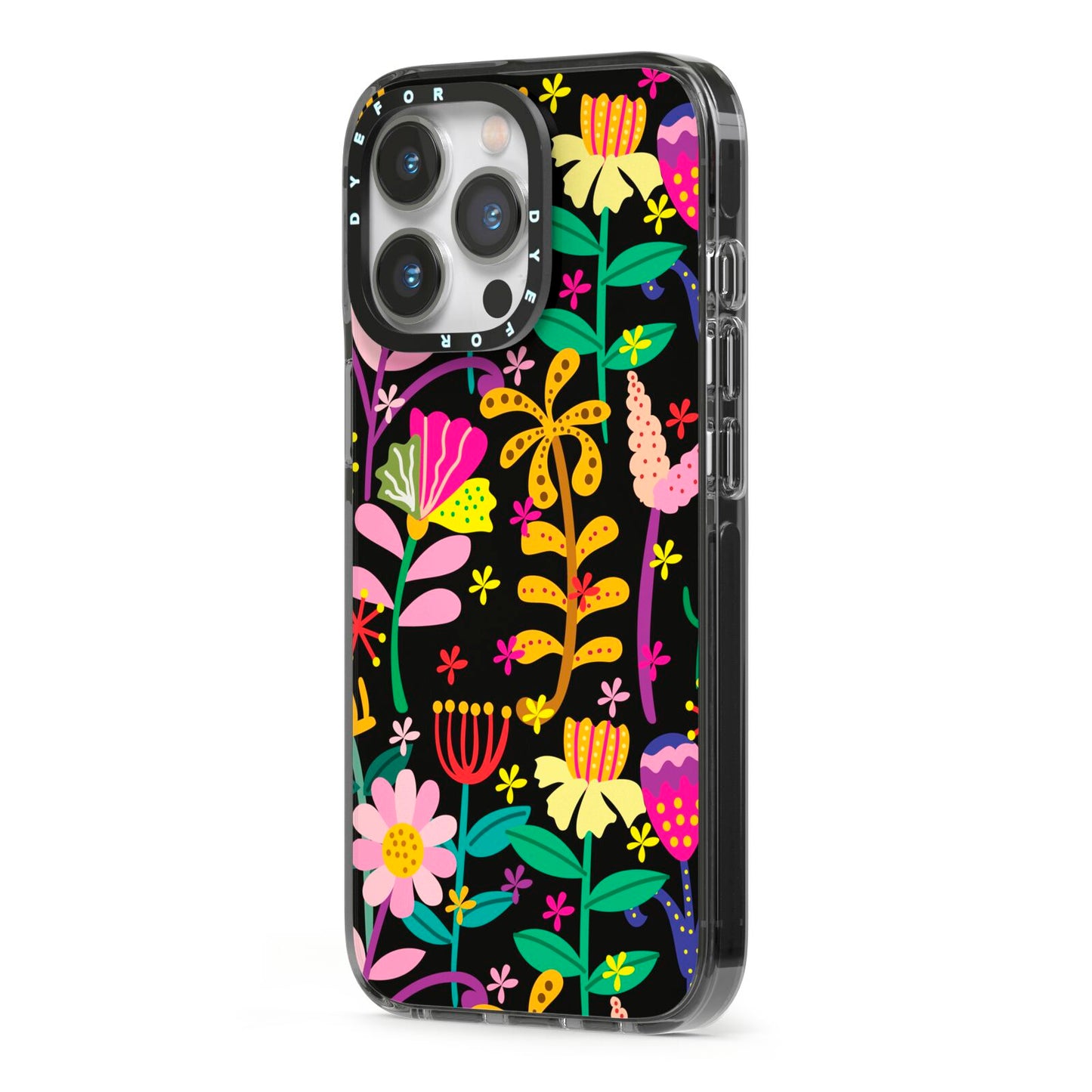 Colourful Flowery iPhone 13 Pro Black Impact Case Side Angle on Silver phone