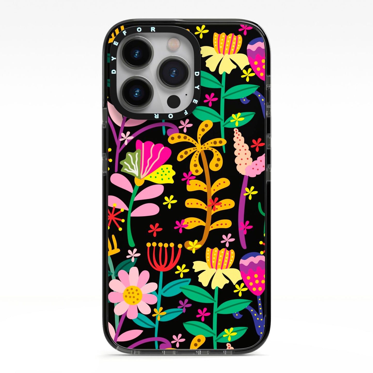 Colourful Flowery iPhone 13 Pro Black Impact Case on Silver phone