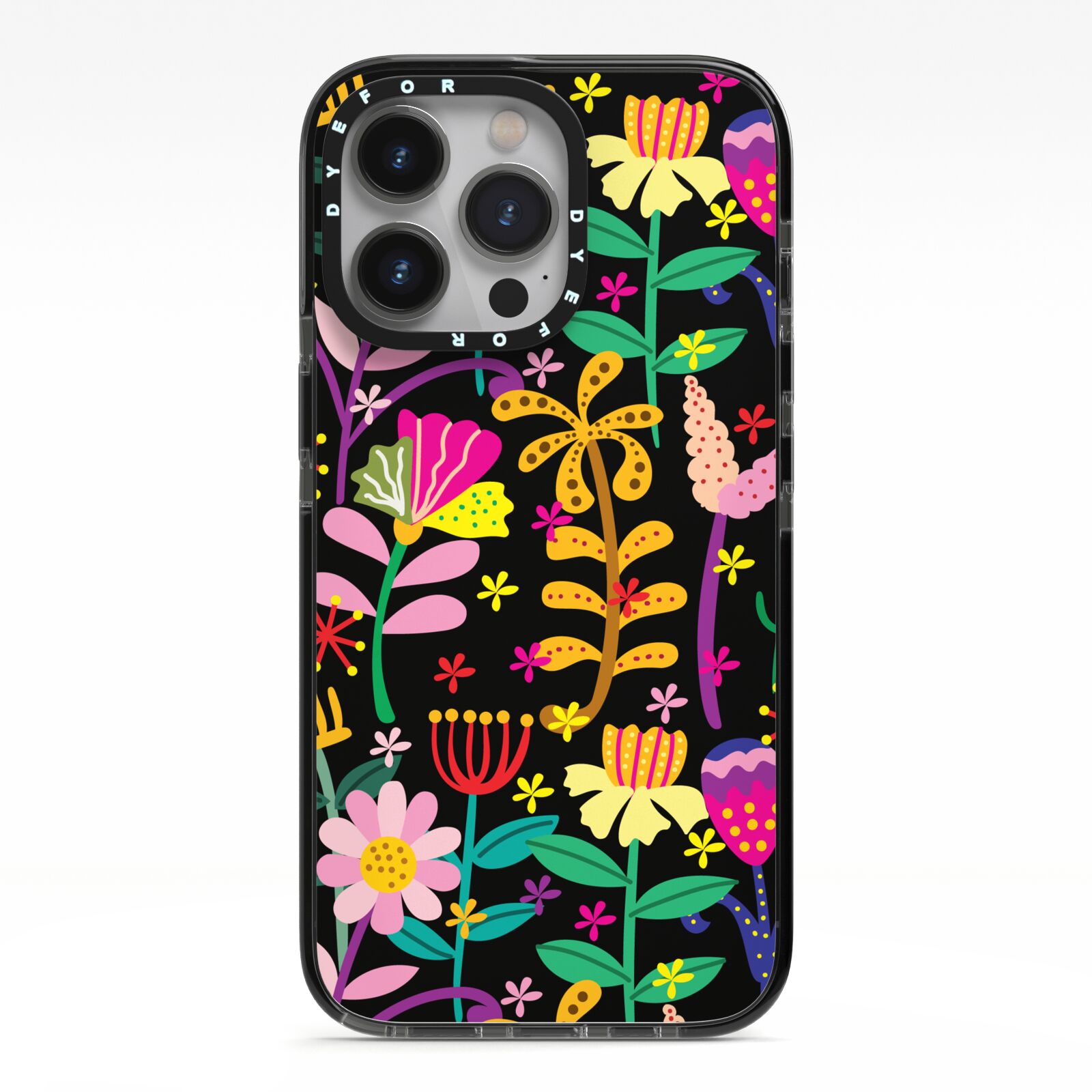 Colourful Flowery iPhone 13 Pro Black Impact Case on Silver phone