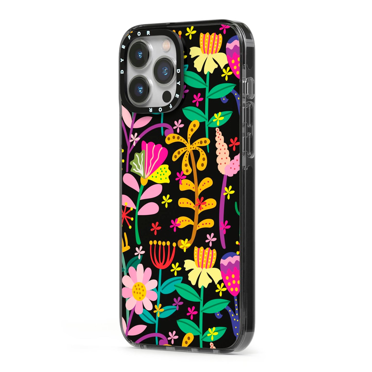 Colourful Flowery iPhone 13 Pro Max Black Impact Case Side Angle on Silver phone