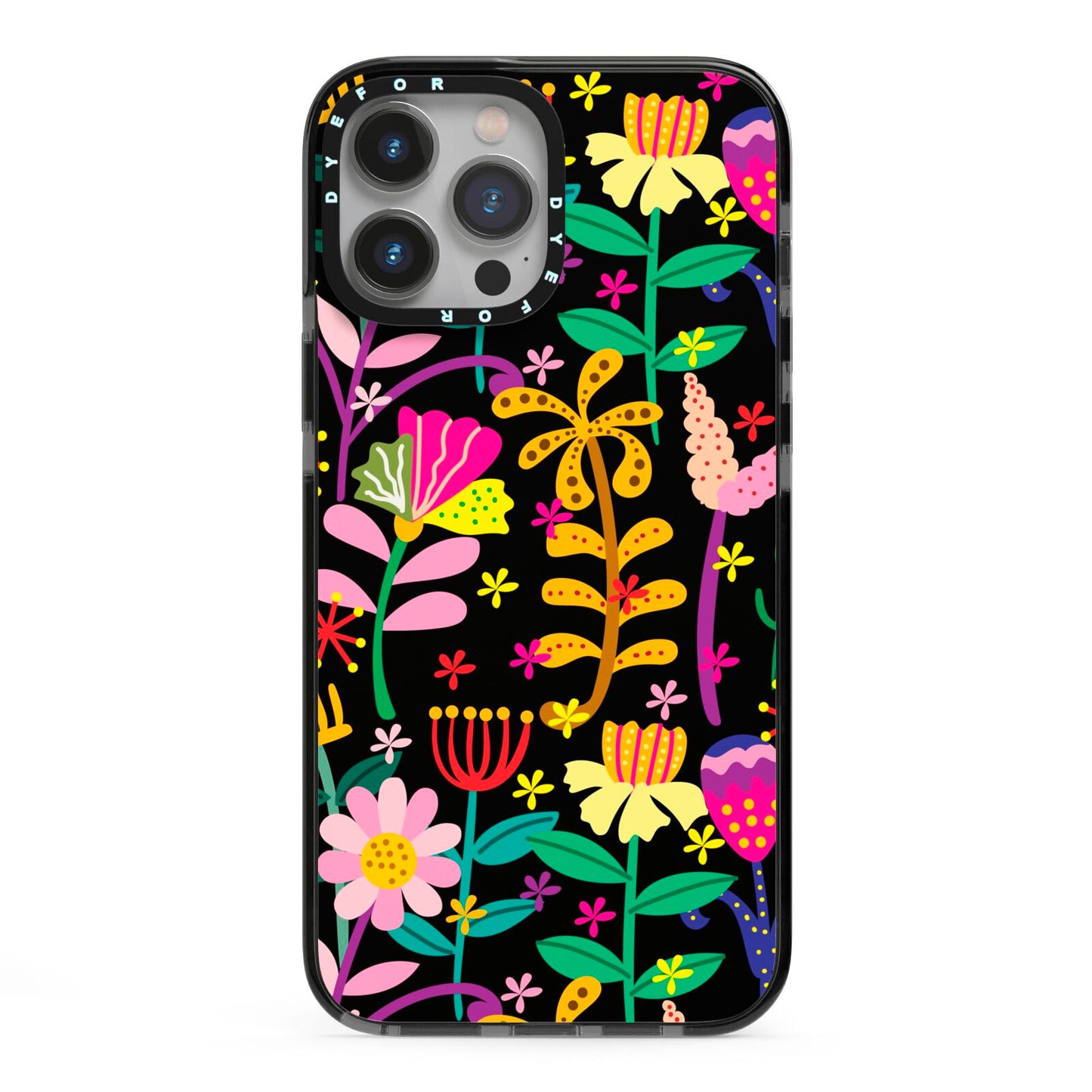 Colourful Flowery iPhone 13 Pro Max Black Impact Case on Silver phone