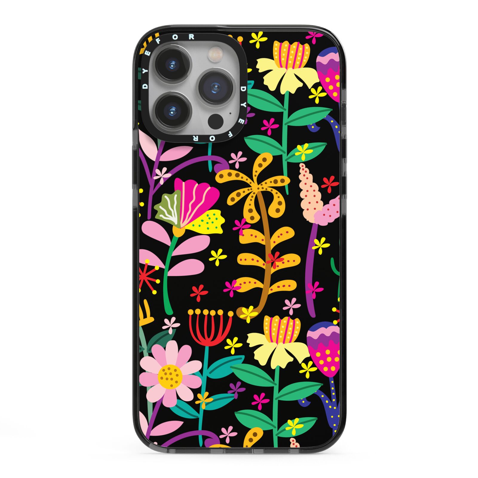 Colourful Flowery iPhone 13 Pro Max Black Impact Case on Silver phone