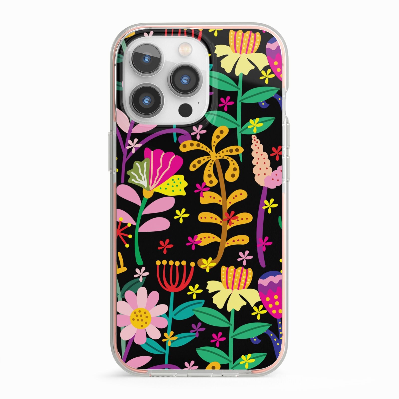 Colourful Flowery iPhone 13 Pro TPU Impact Case with Pink Edges
