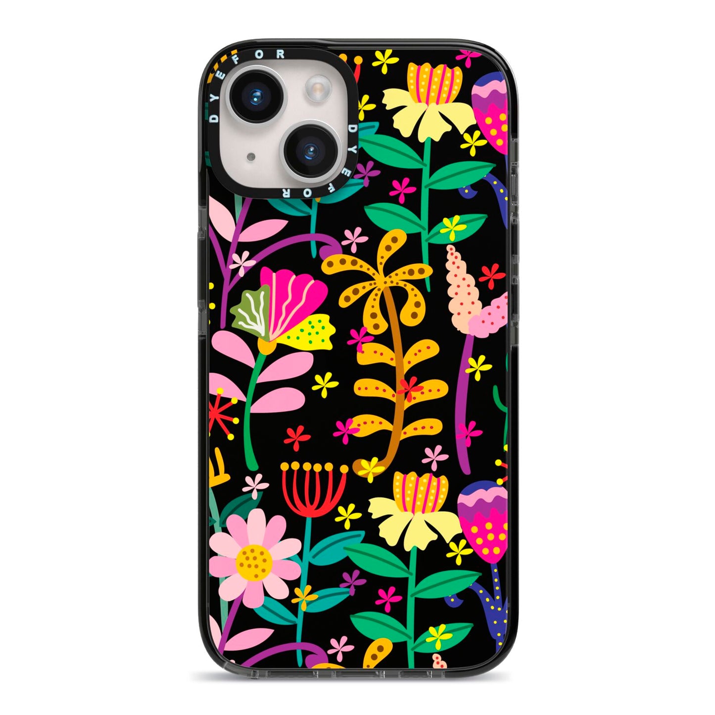 Colourful Flowery iPhone 14 Black Impact Case on Silver phone