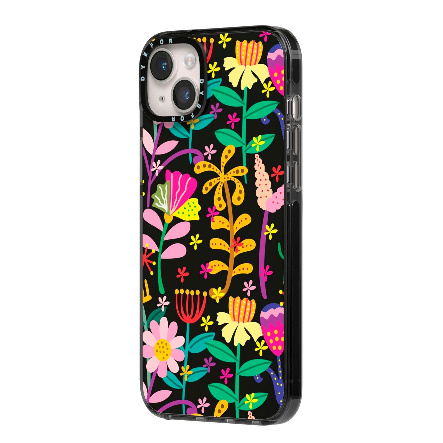 Colourful Flowery iPhone 14 Plus Black Impact Case Side Angle on Silver phone