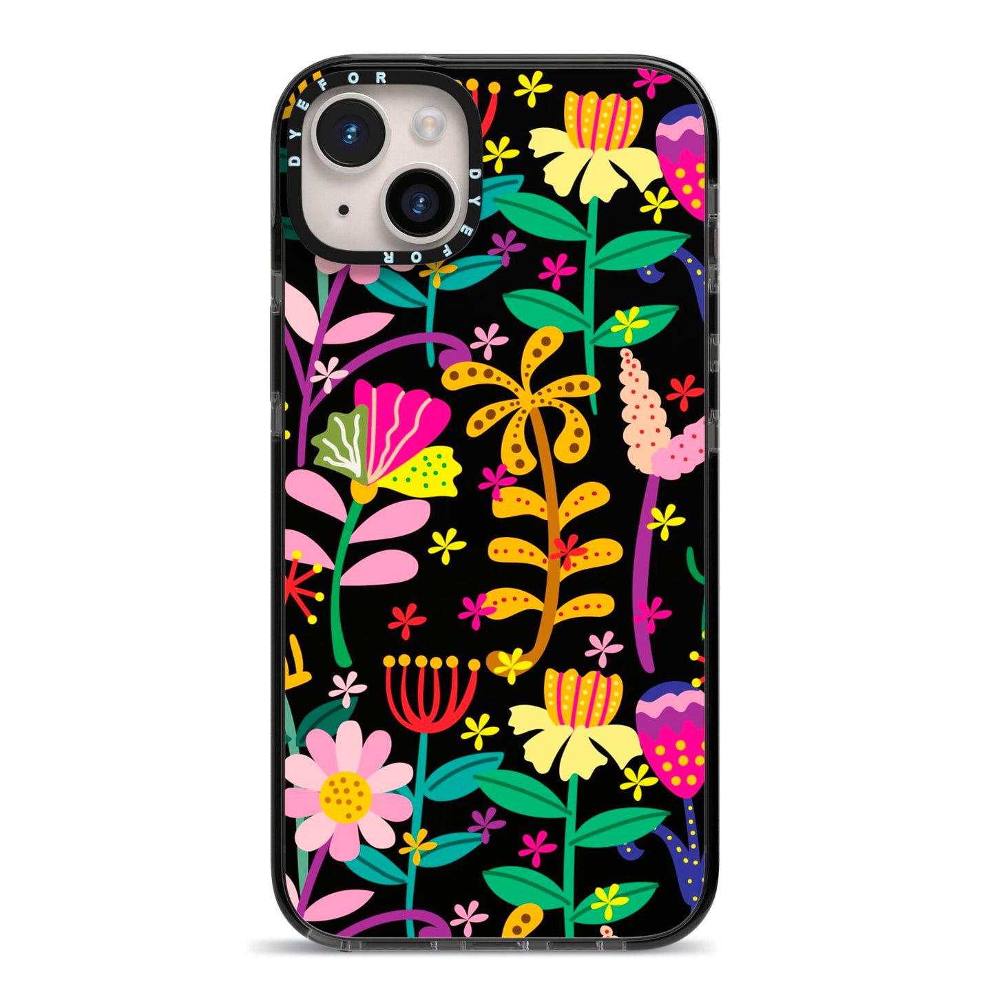 Colourful Flowery iPhone 14 Plus Black Impact Case on Silver phone