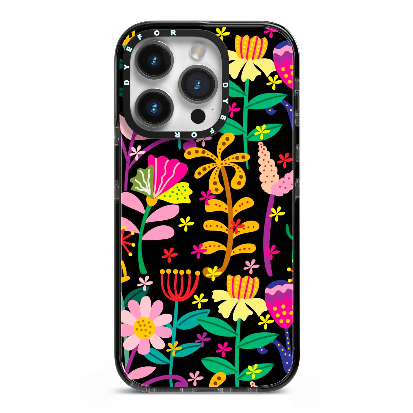 Colourful Flowery iPhone 14 Pro Black Impact Case on Silver phone
