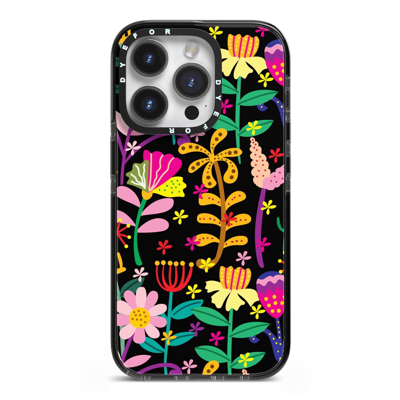 Colourful Flowery iPhone 14 Pro Black Impact Case on Silver phone