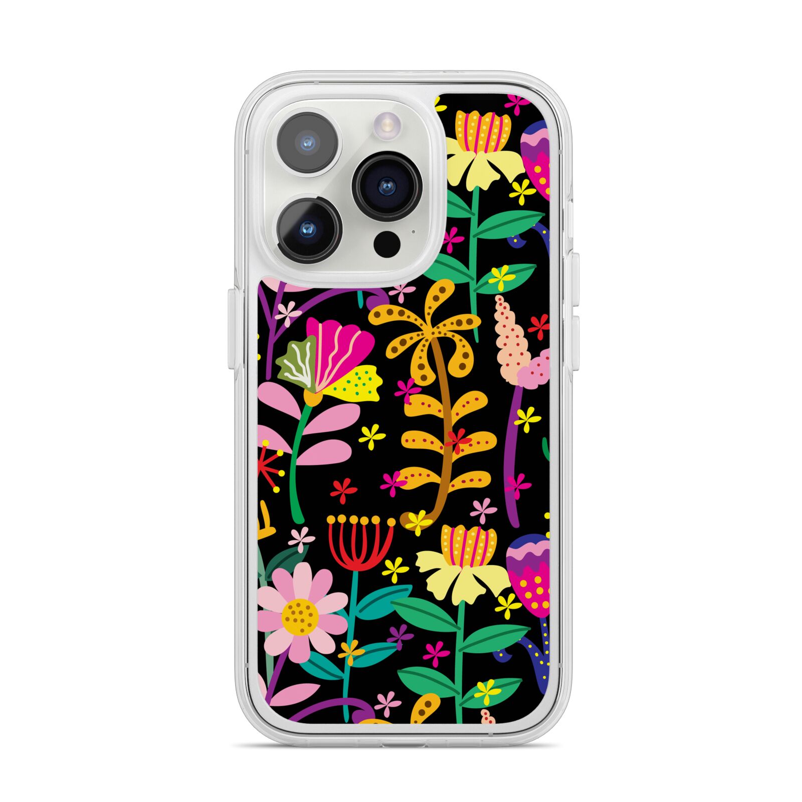 Colourful Flowery iPhone 14 Pro Clear Tough Case Silver