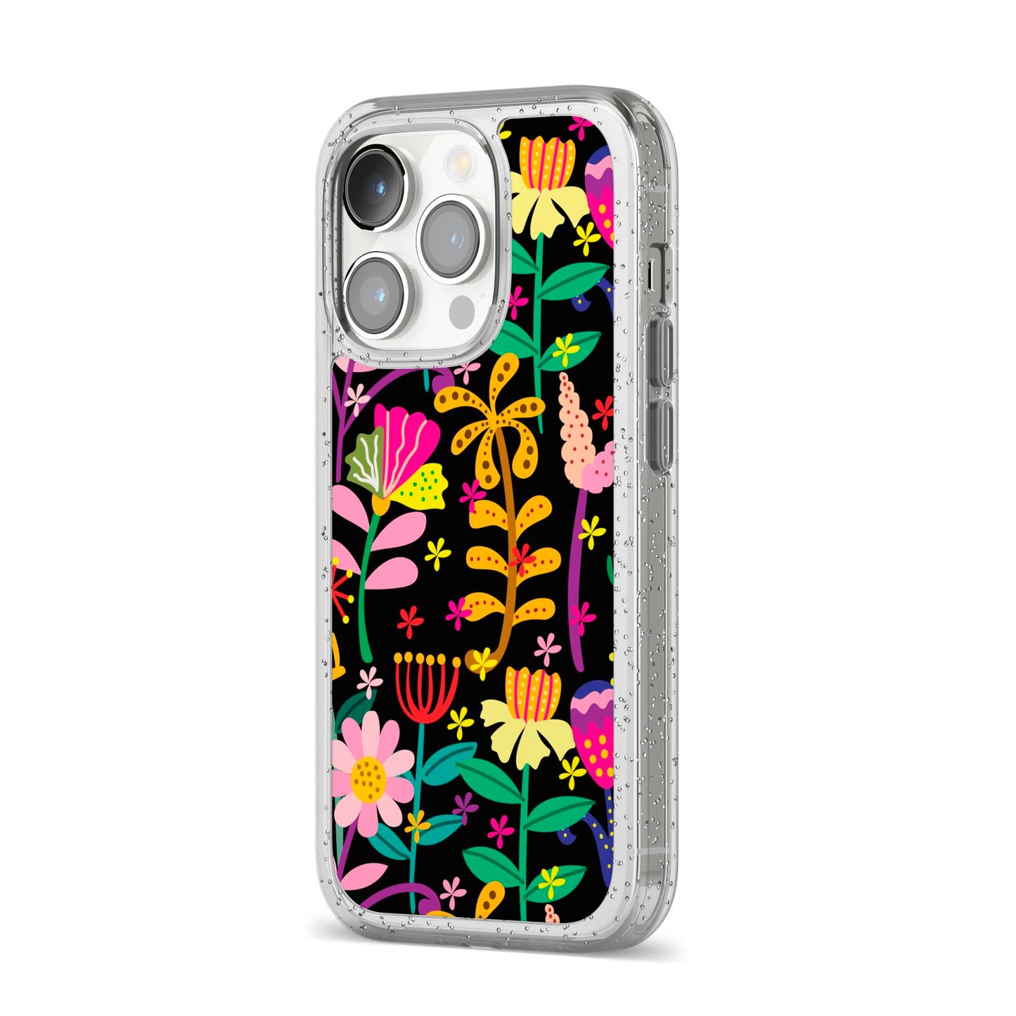 Colourful Flowery iPhone 14 Pro Glitter Tough Case Silver Angled Image