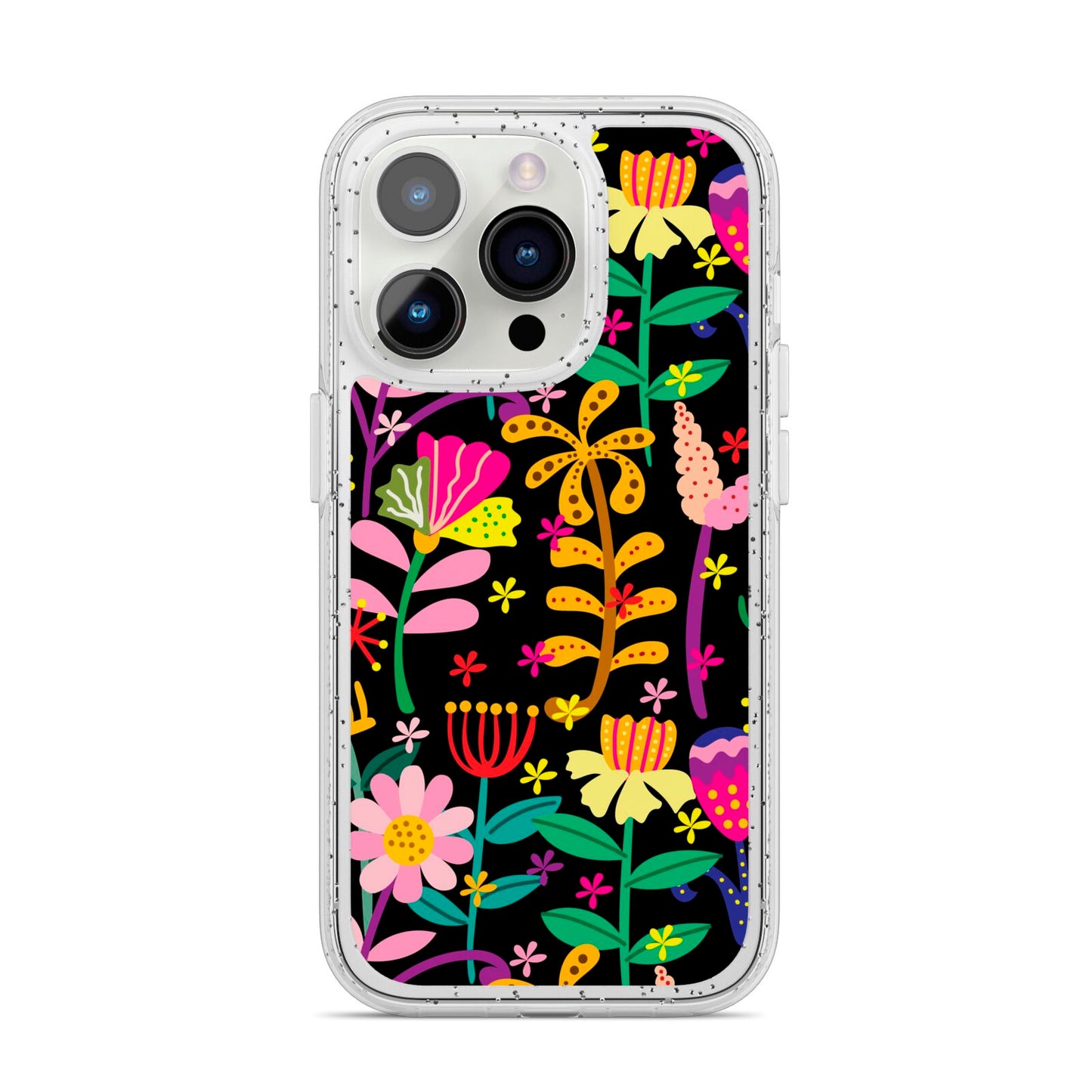 Colourful Flowery iPhone 14 Pro Glitter Tough Case Silver