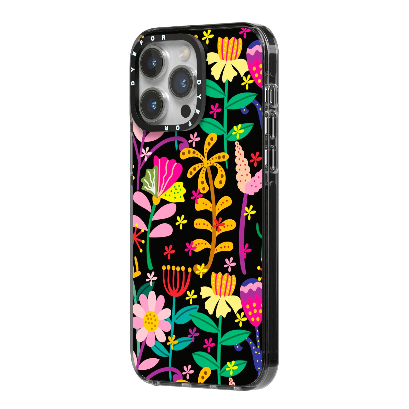 Colourful Flowery iPhone 14 Pro Max Black Impact Case Side Angle on Silver phone